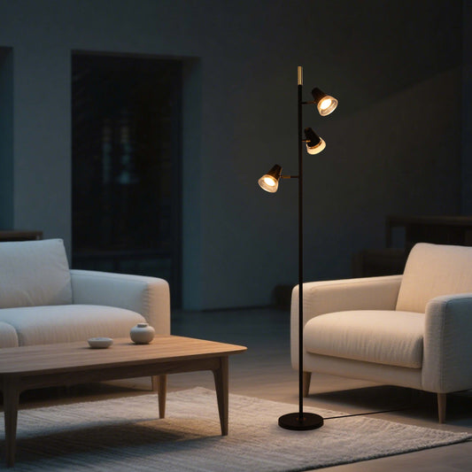 Modern 3-Light Black & Brass Floor Lamp with Clear Glass Shades, GU10