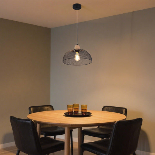 Industrial Black Wire Mesh Dome Pendant Light with Wood Accent, E27