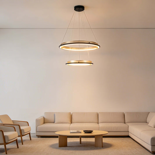 Modern Black & Gold LED Ring Chandelier, 3000K (Single & Double Halo)