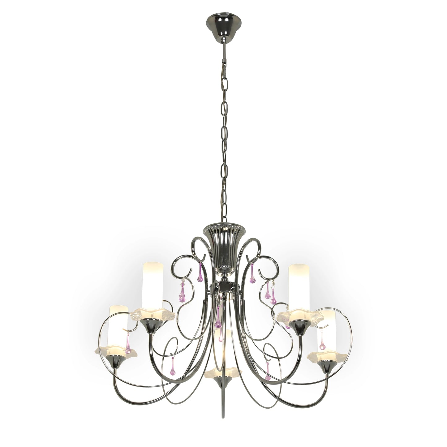Opal Cylinder Glass Chrome Candle Metal Arm Ceiling Chandelier Light E14