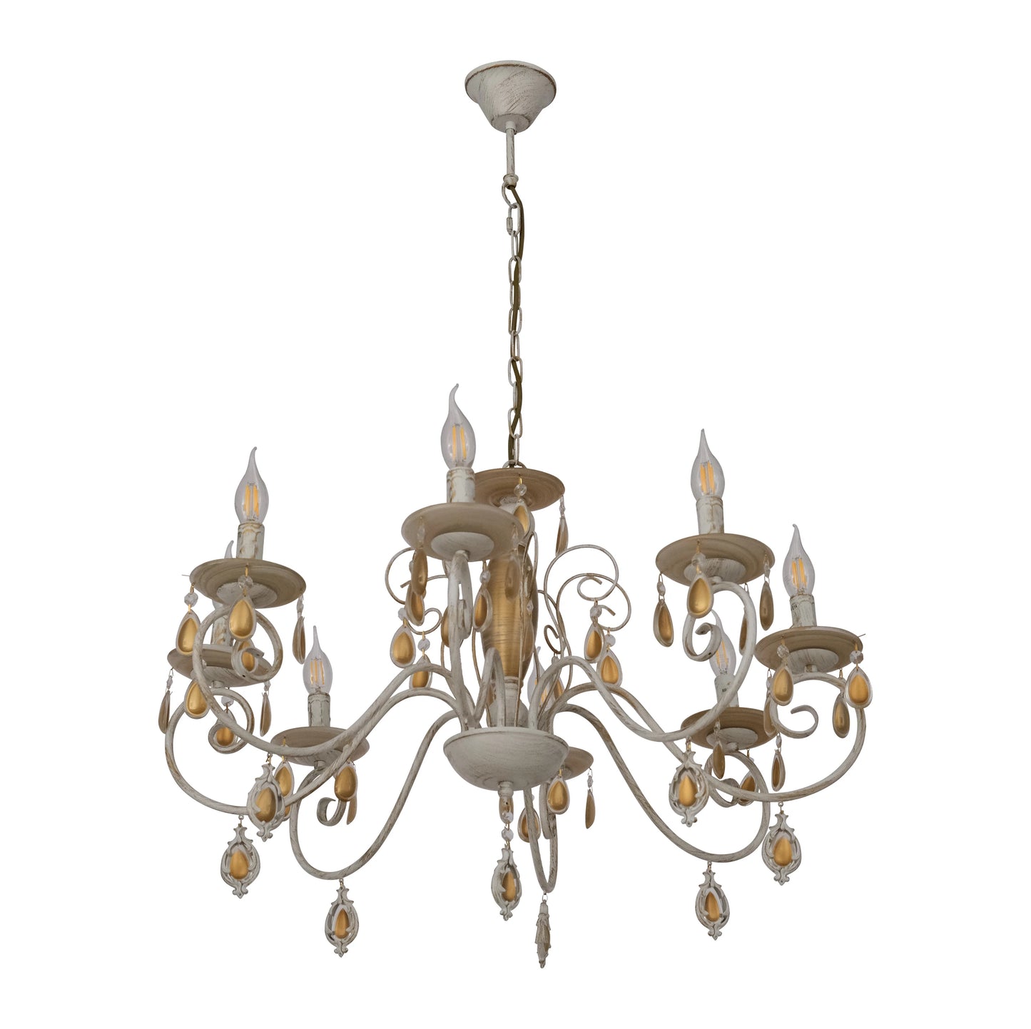 Amber Crystal Gold and White Metal Arm Ceiling Chandelier Light E14