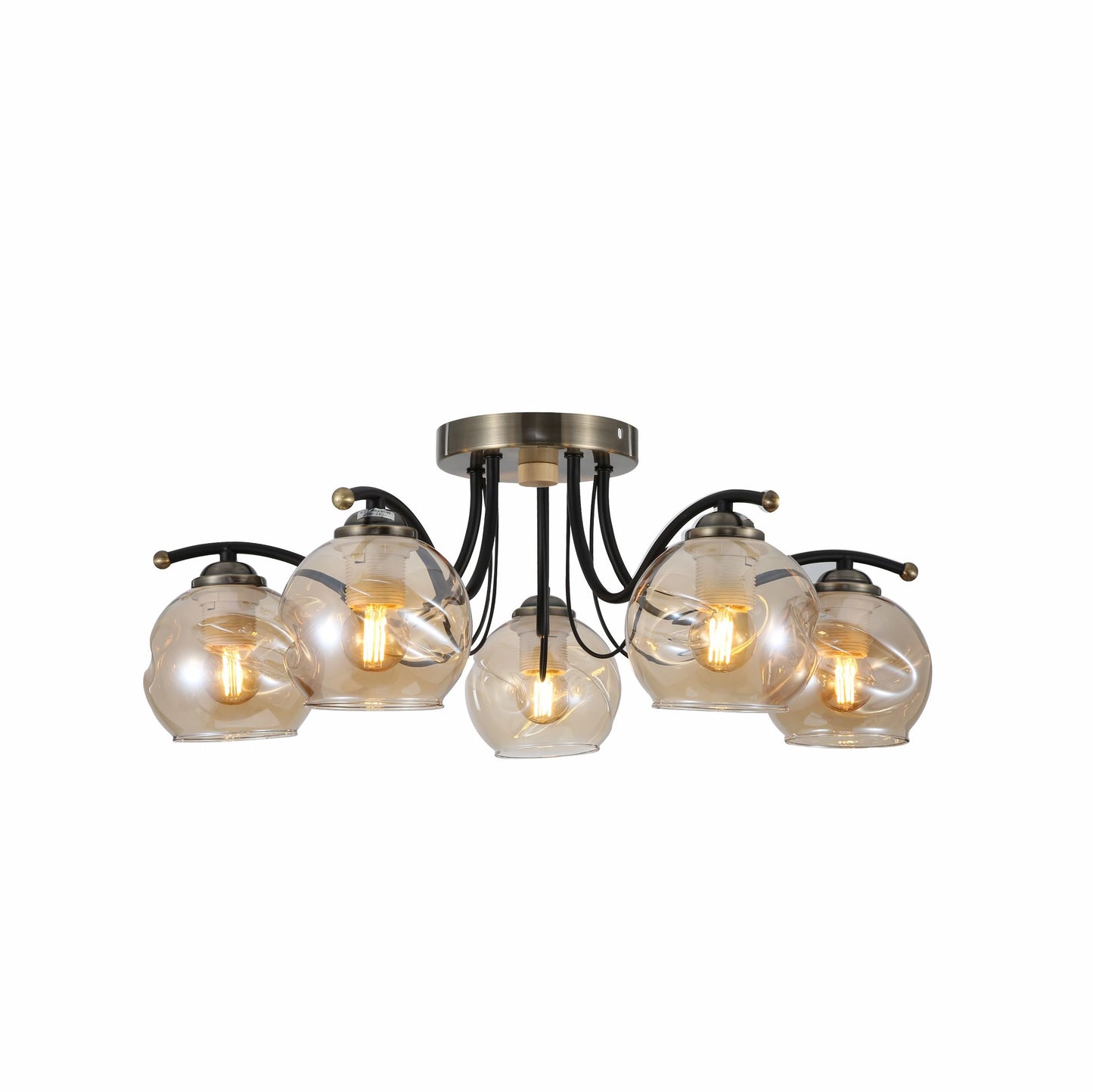 Amber Glass Dome Black and Antique Brass Metal Semi Flush Ceiling Light E27