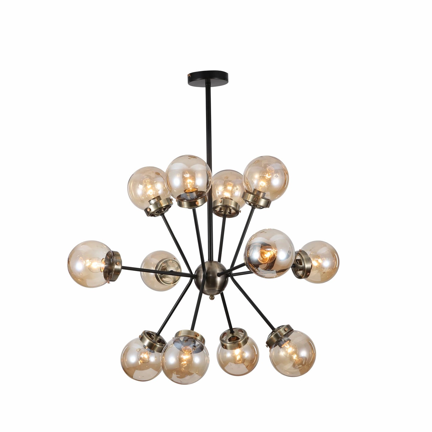 Amber Glass Globe Black and Antique Brass Semi Flush Ceiling Light E27