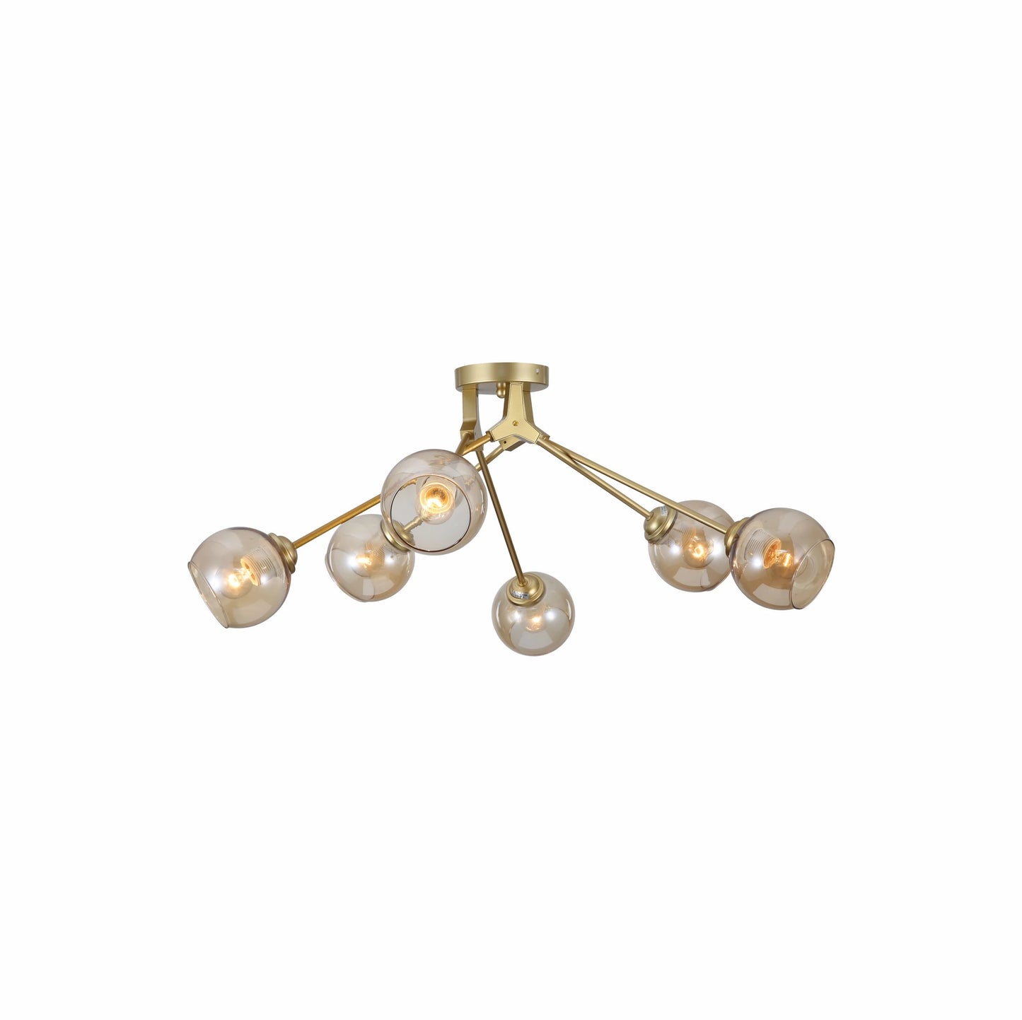 Amber Glass Dome Gold Aluminium Bronze Wishbone Semi Flush Ceiling Light E27