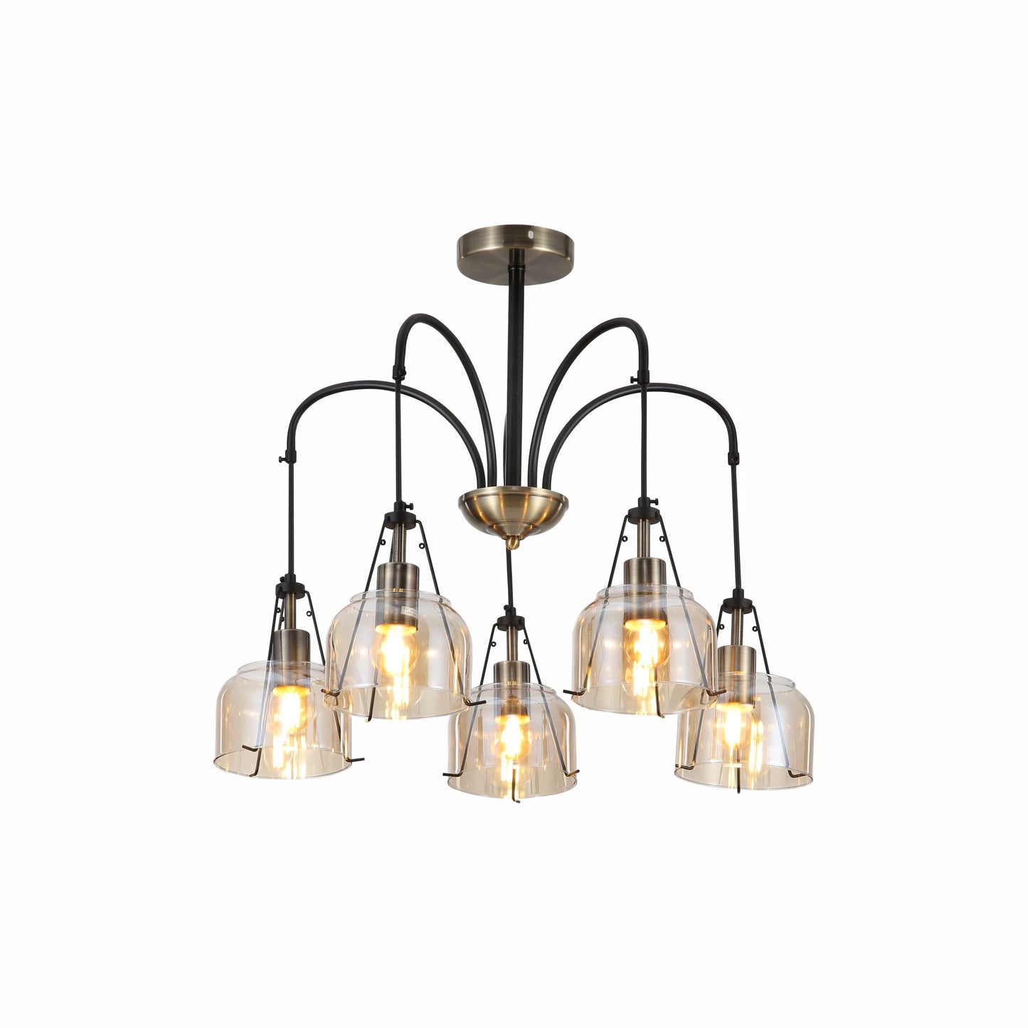 Amber Glass Black and Antique Brass Suspended Chandelier Ceiling Light E27