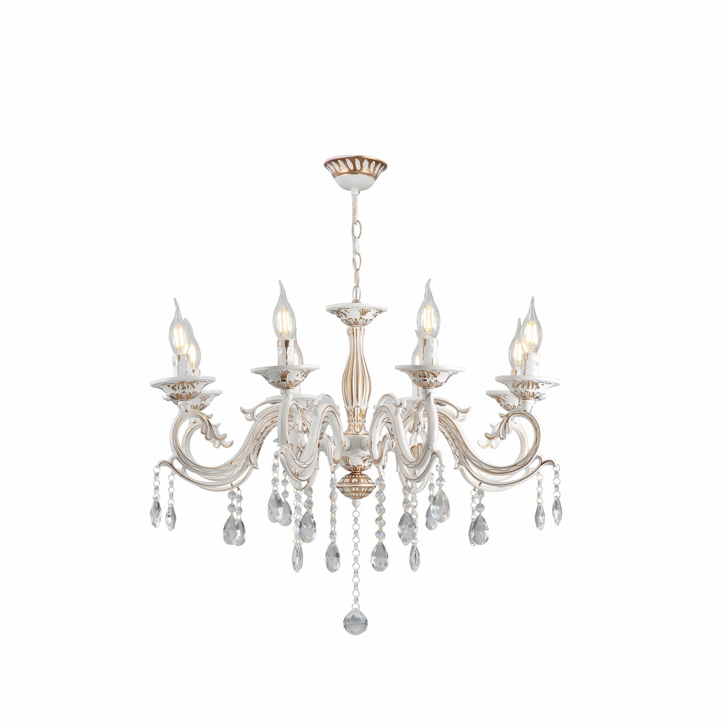 Traditional French Vintage Retro Candle Metal and Crystal Gold Aged Cream Arm Chandelier Ceiling Light E14