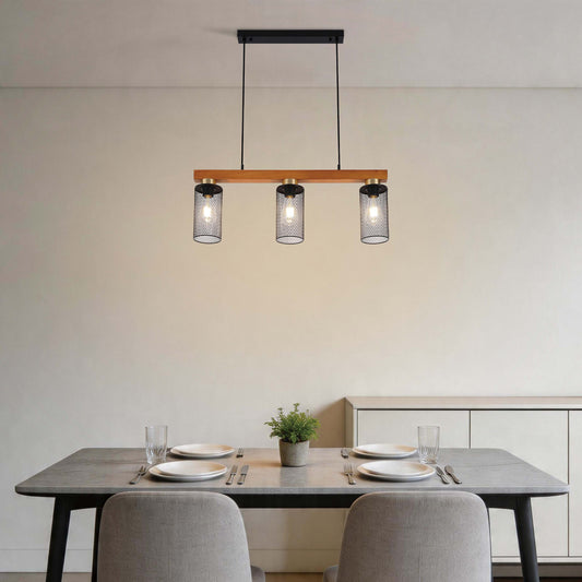 Rustic Wood Beam & Black Mesh Pendant Light, 3 / 5 Light E27
