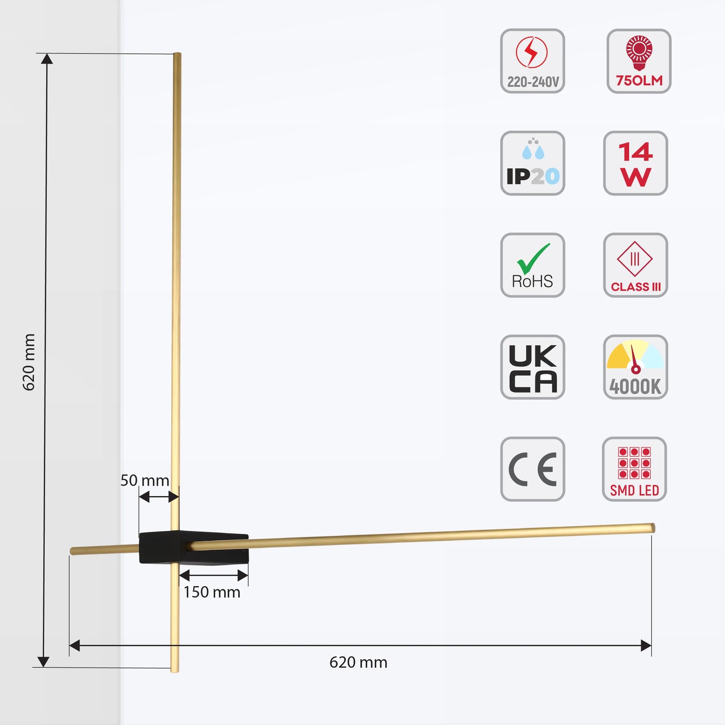 Modern LED wall light showing dimensions and specifications. Long brass bars meet in the middle with a black centre.