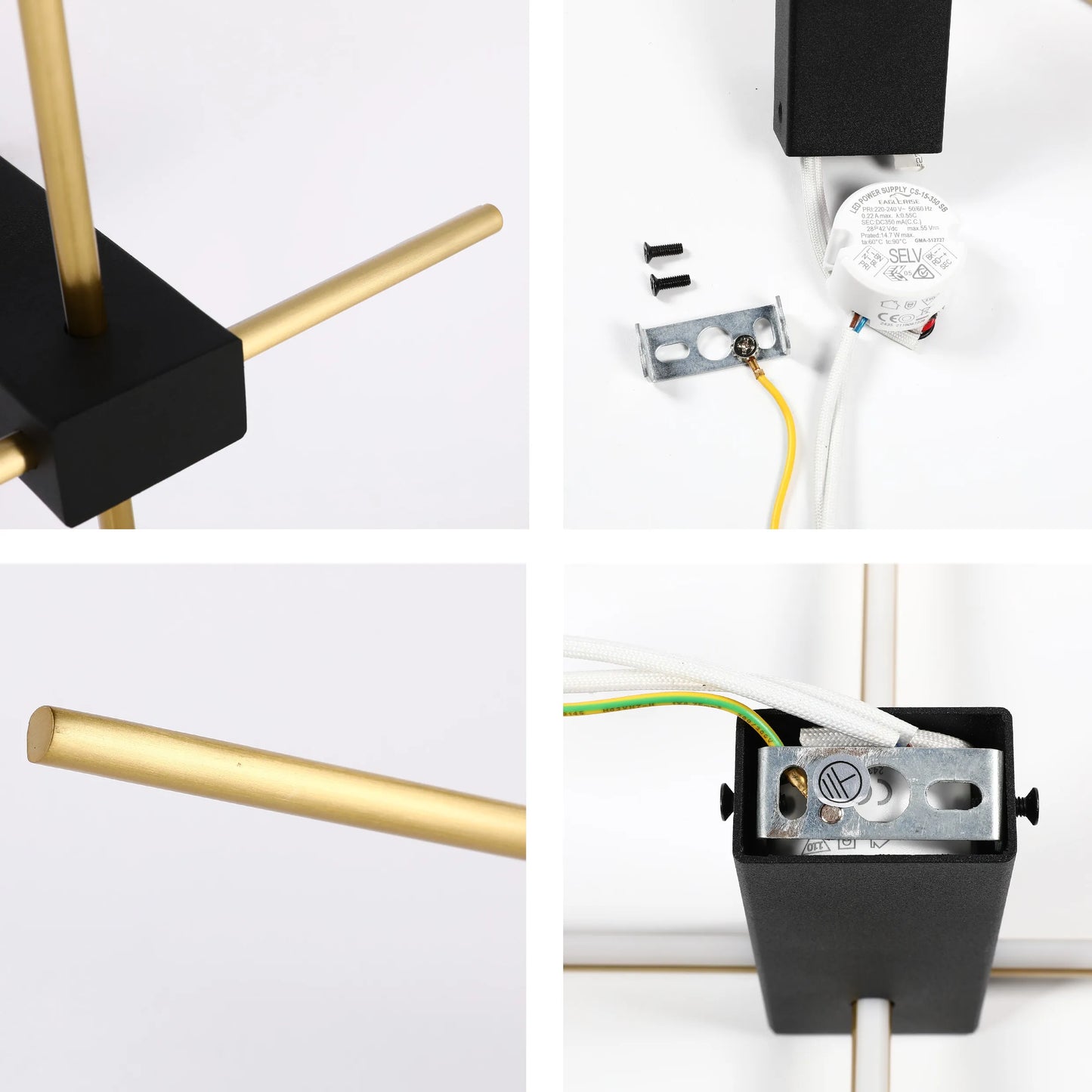 A modern, geometric light fixture featuring a black cube and gold cylindrical arms, showcasing its unique design and electrical components.