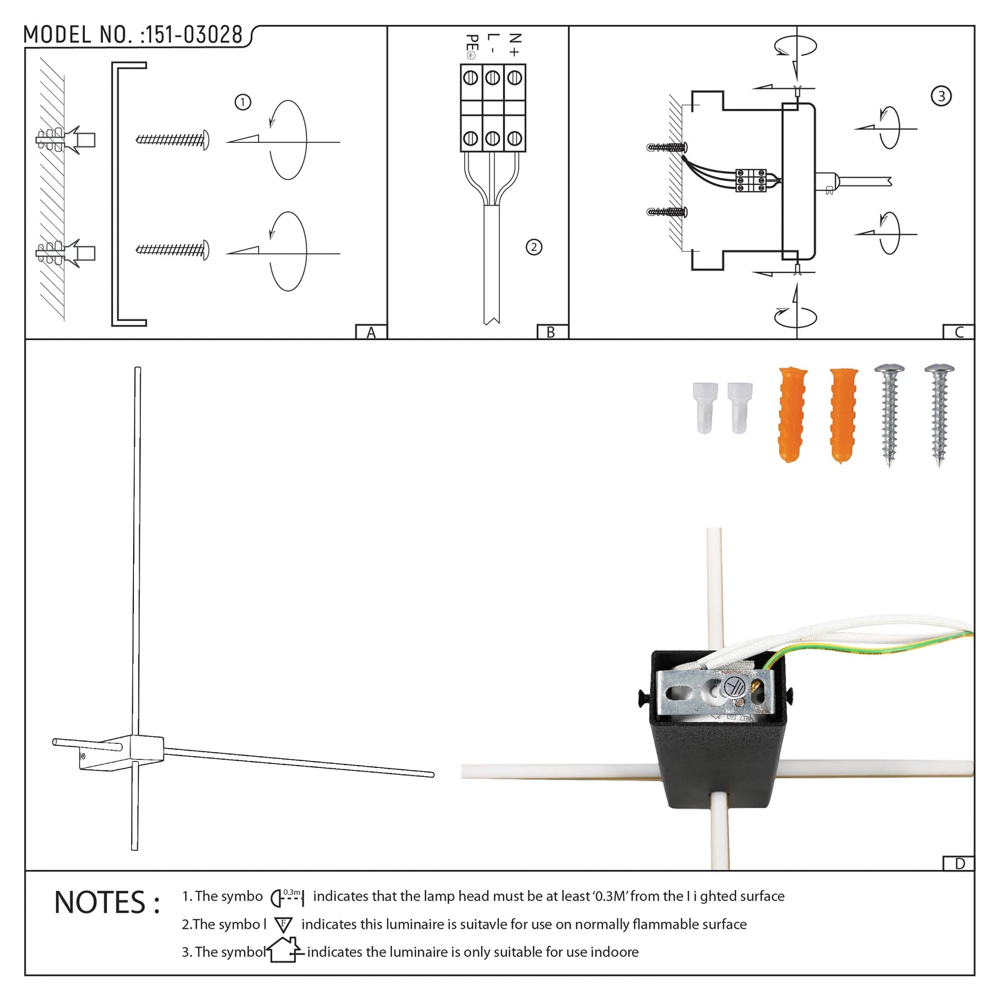 A diagram showing the installation of a modern wall light, with fixings and a note that it's for indoor use only.