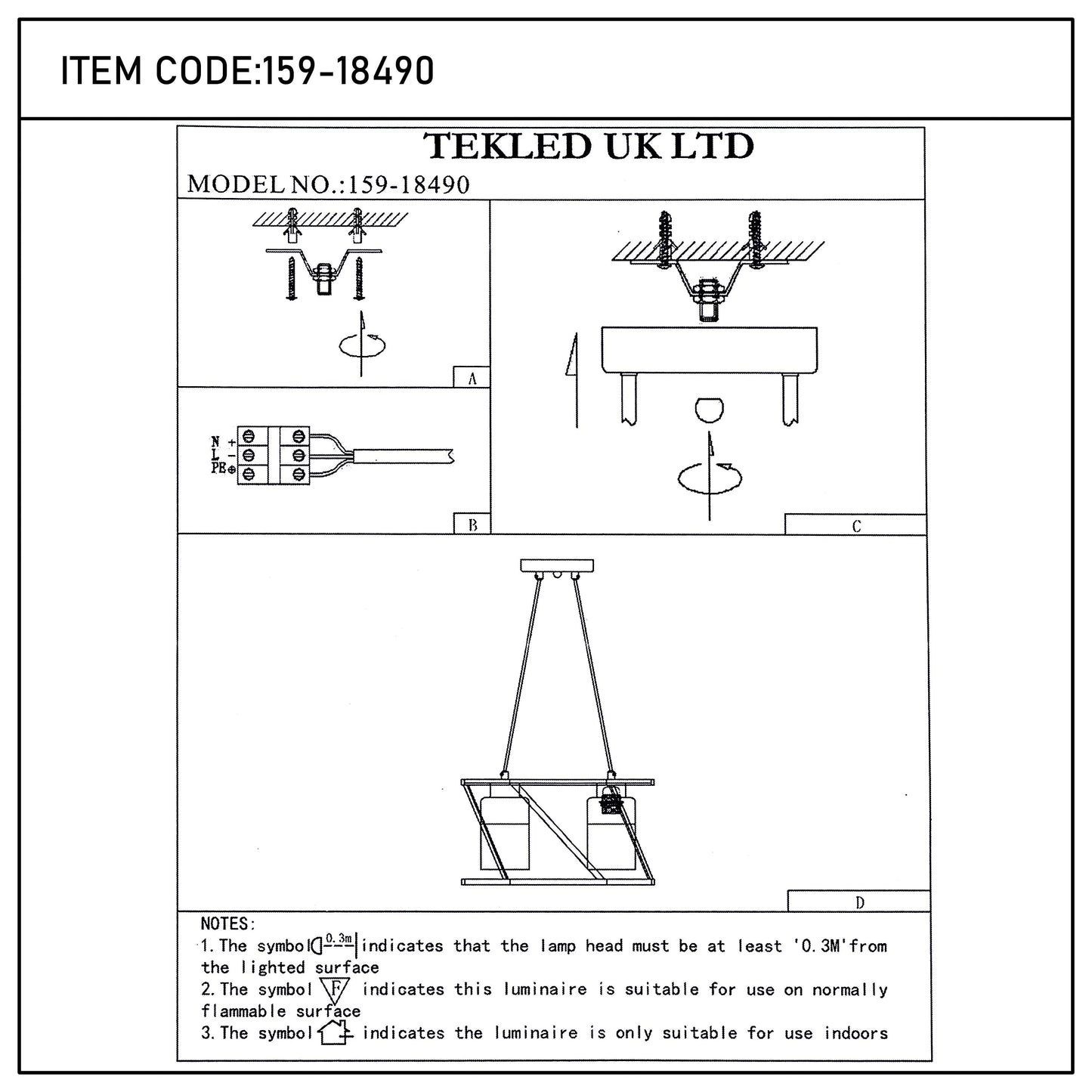 A stylish, twin-light pendant fitting with detailed installation diagrams and safety notes for indoor use.