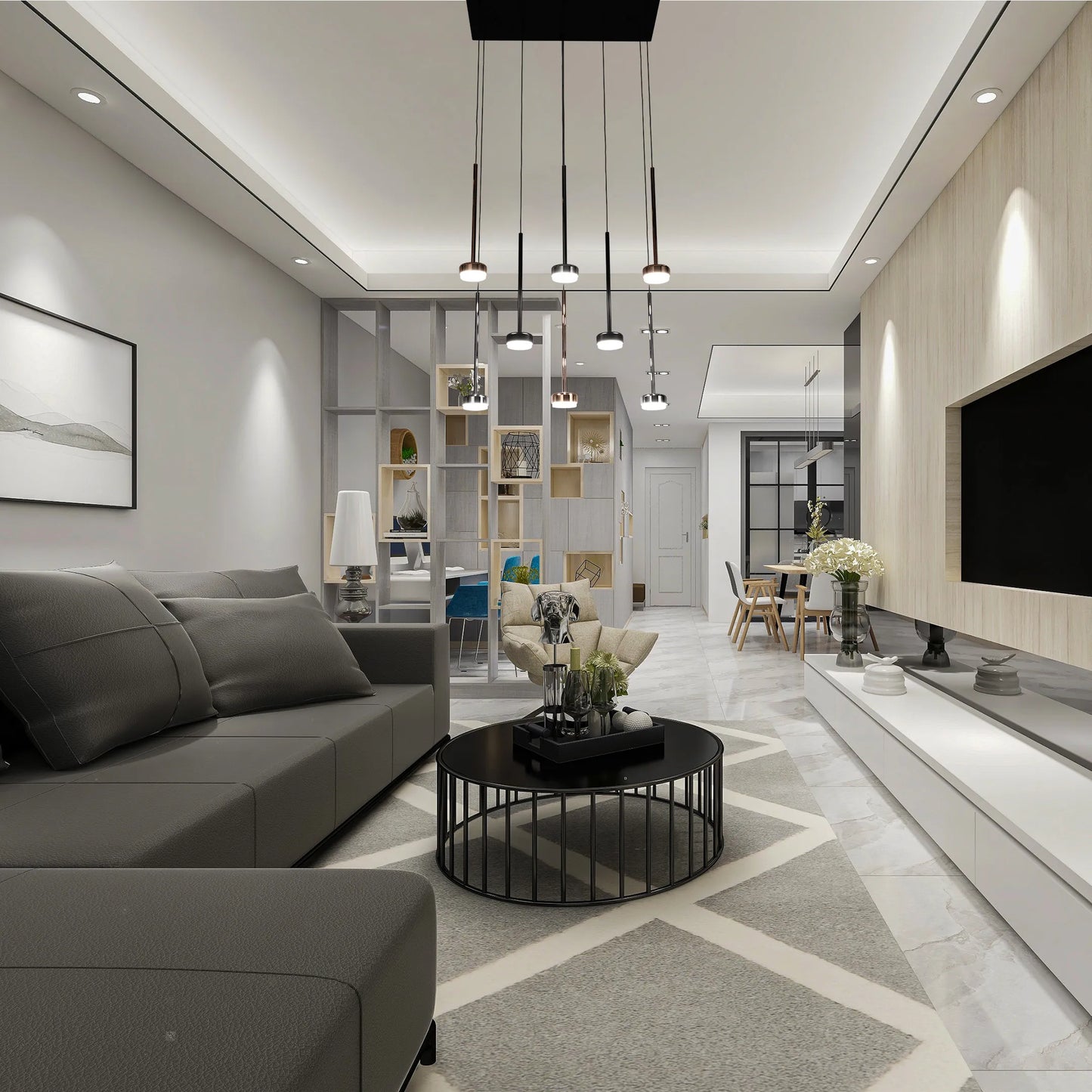 Modern interior with recessed lighting and a stylish cluster of pendant lights hanging over a round black coffee table.