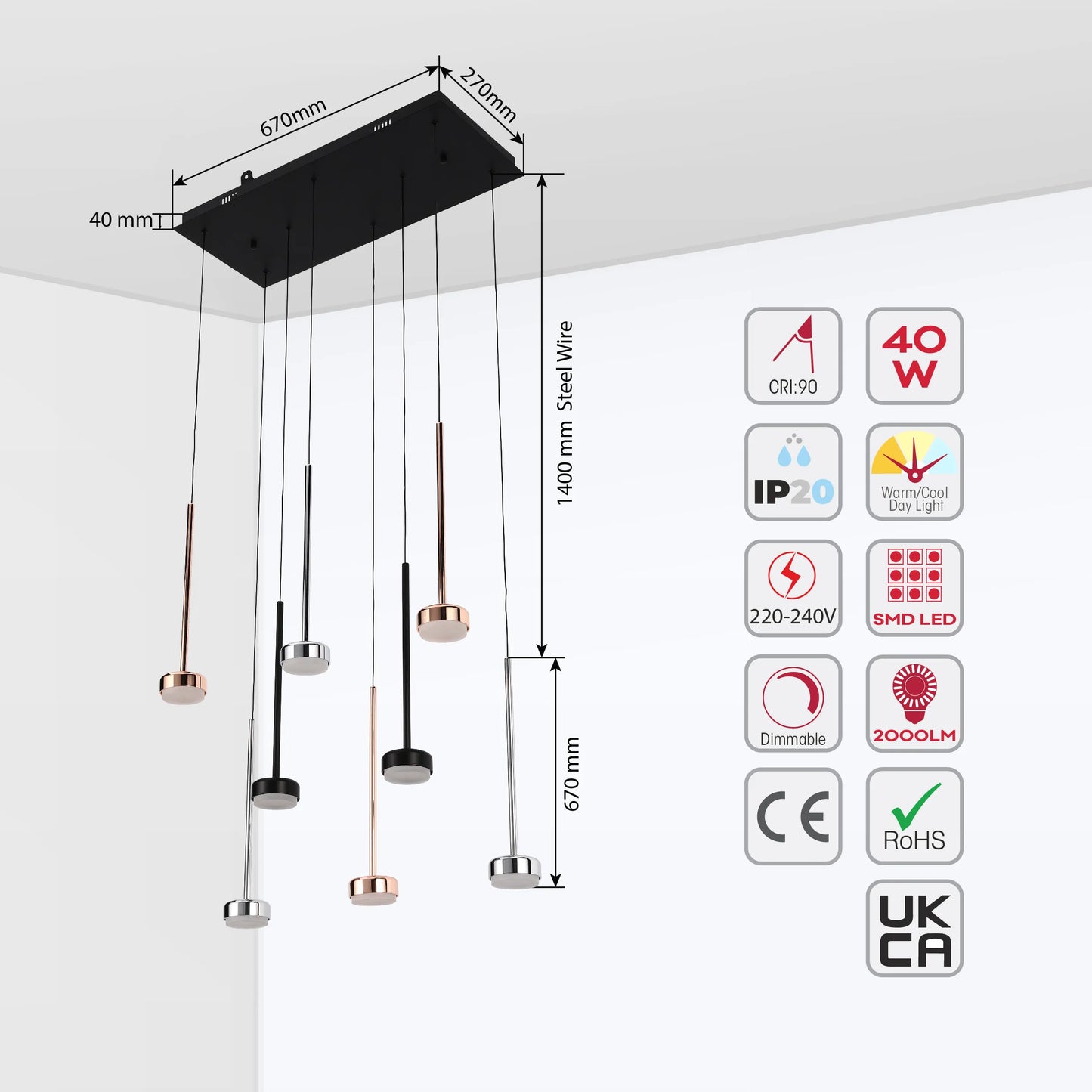 Pendant lighting with nine lights on adjustable drop cables. Black ceiling plate. 40W. 670mm x 270mm x 40mm. Dimmable.