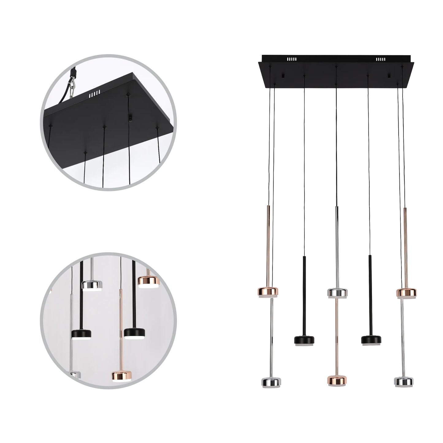 Modern, multi-light pendant fitting. Features sleek, suspended metal shades in black, copper, and silver finishes.