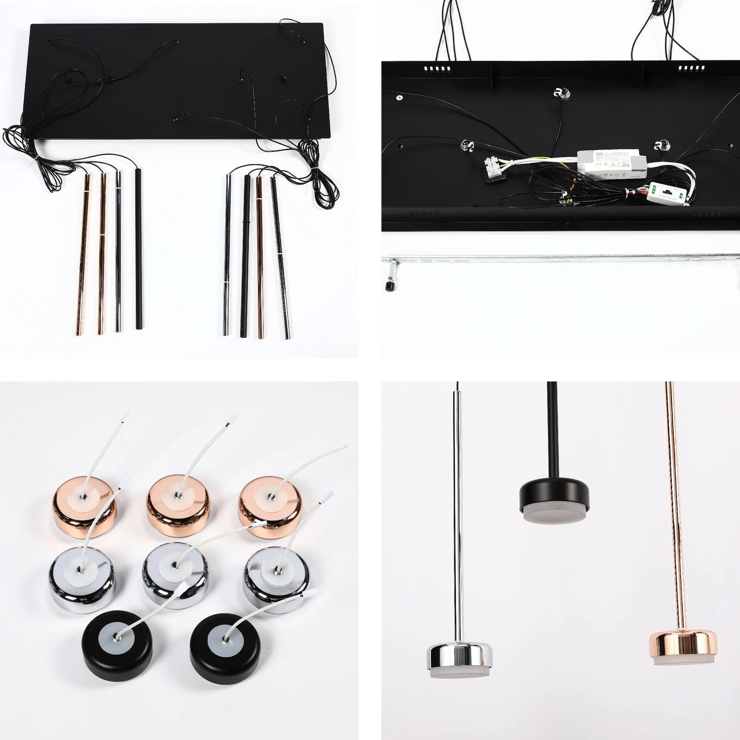 A stylish modern chandelier featuring copper, silver and black fixtures with slender stems and round shades.