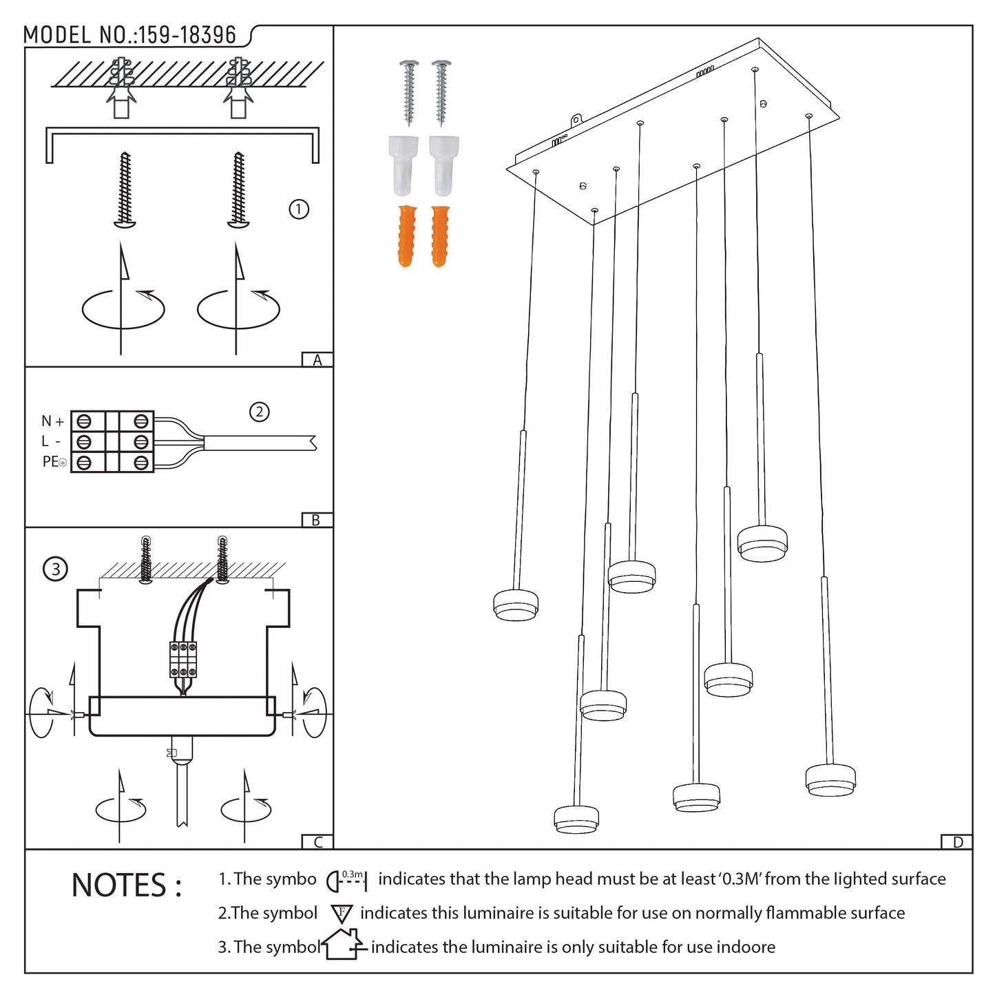 A modern, rectangular, multi-pendant light fitting with nine sphere lamps suspended from the ceiling. Line drawing style.