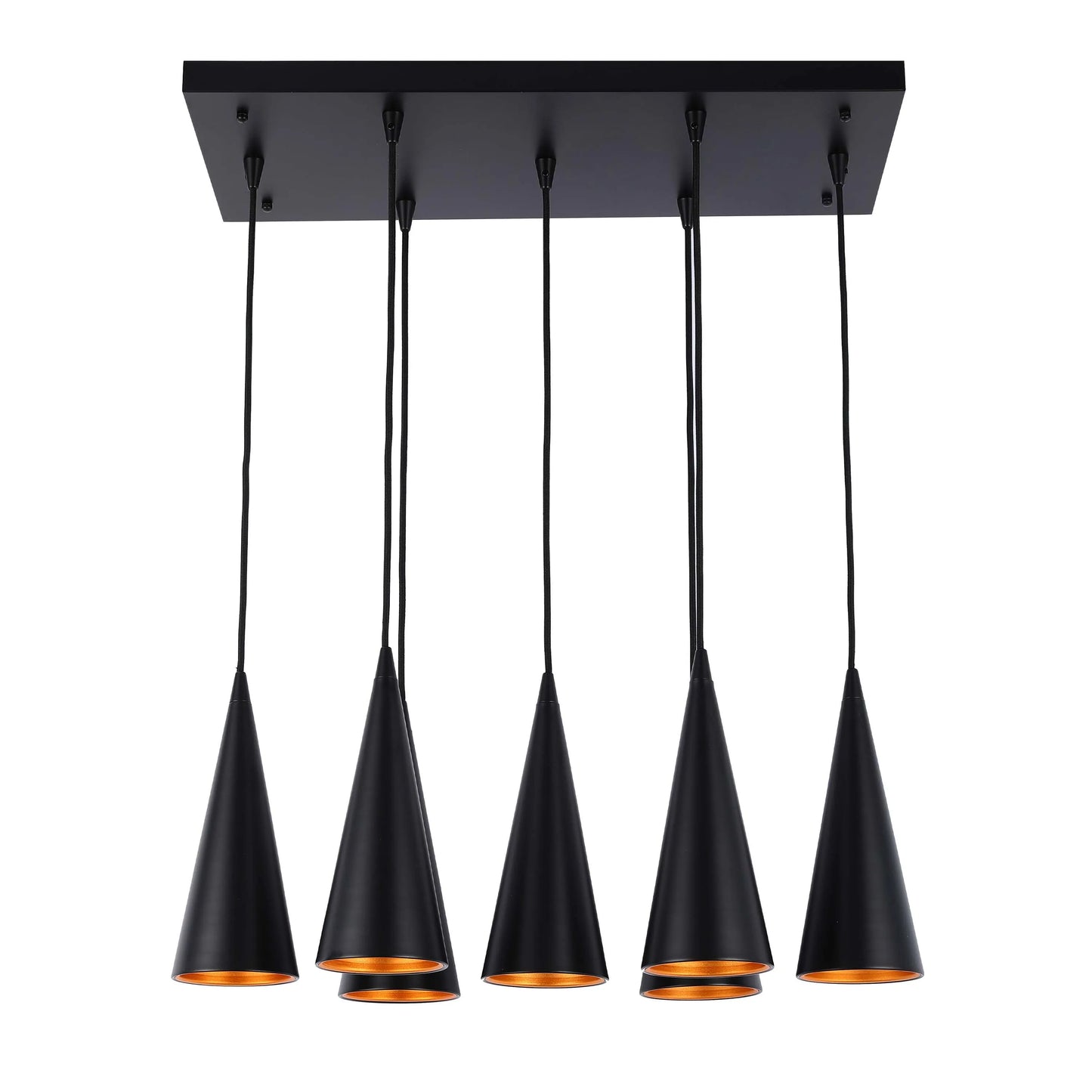 Contemporary black pendant light fixture with 5 cone-shaped shades and gold interiors, suspended from a rectangular canopy.