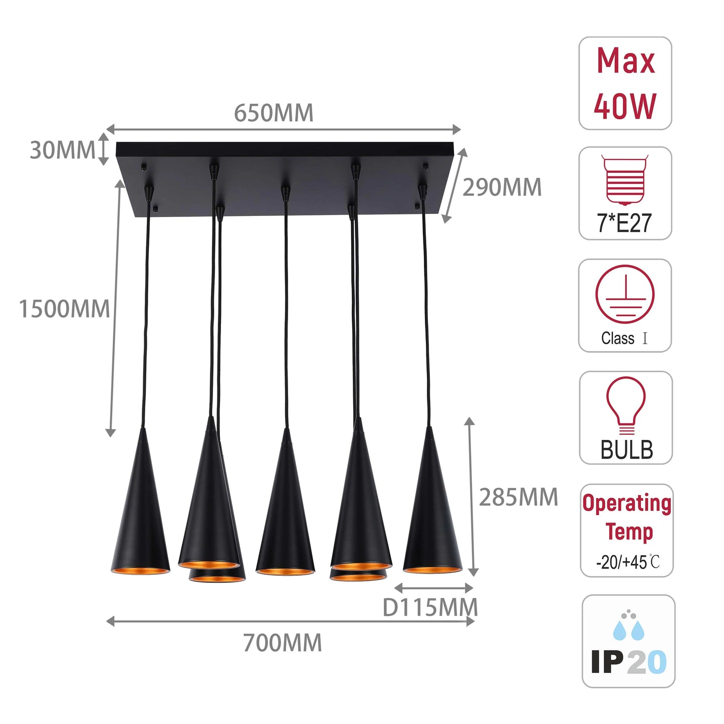 A contemporary 7-bulb pendant light in black, featuring a cone shade and warm interior. Dimensions are indicated with helpful annotations.
