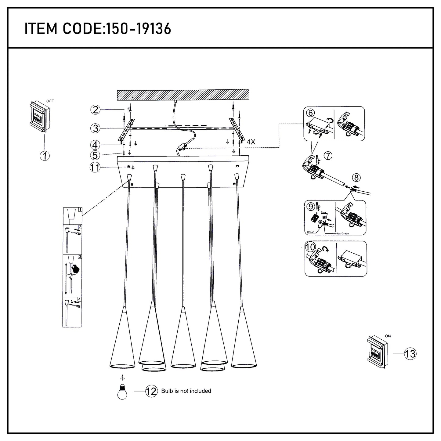 A diagram for a five-bulb pendant light installation. It includes the fittings, wiring, and fixture mounting.