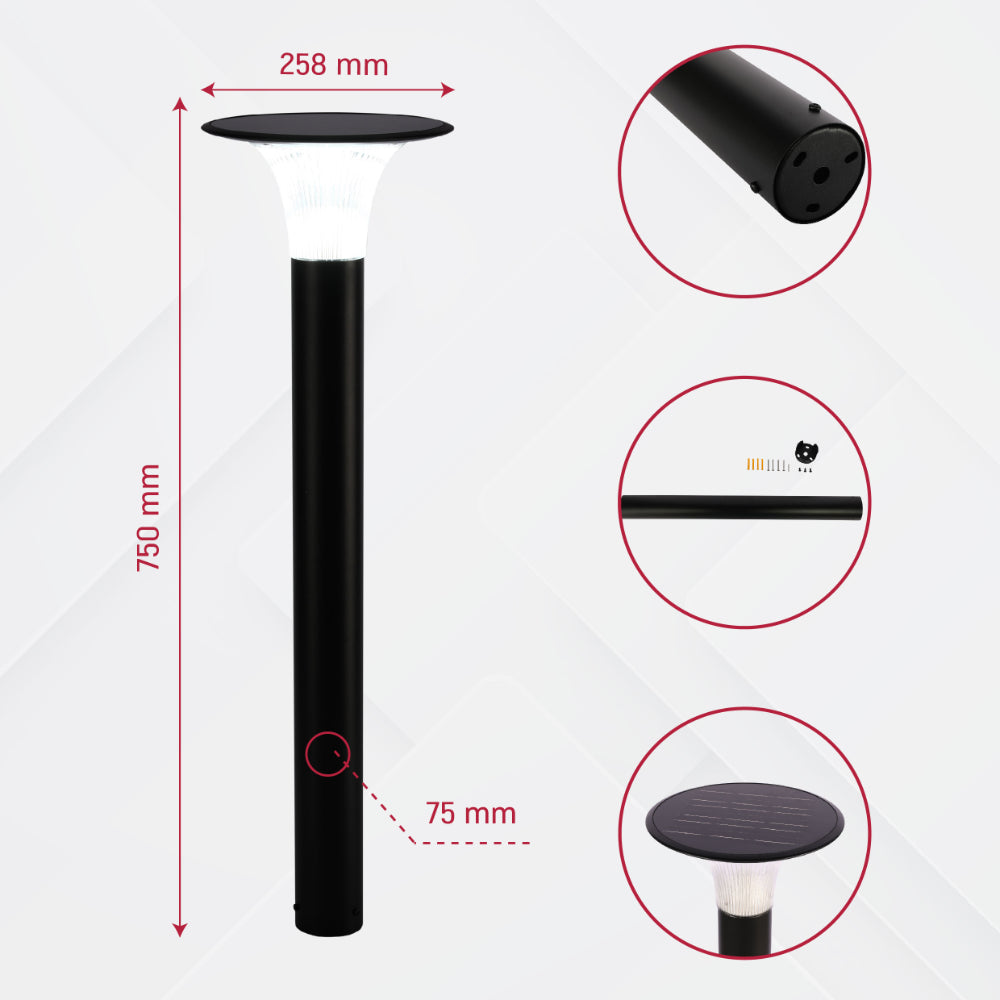 Size for and detail shots for TEKLED 80cm Black Solar LED Bollard Pathway Light