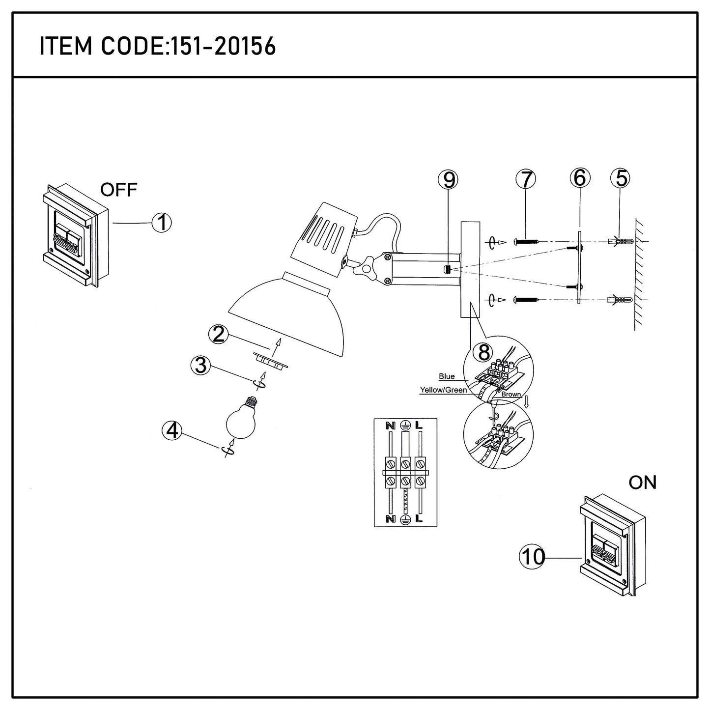 Diagram showing the parts and assembly of a wall-mounted desk lamp, with a bulb fitting, wall bracket and wiring diagram.