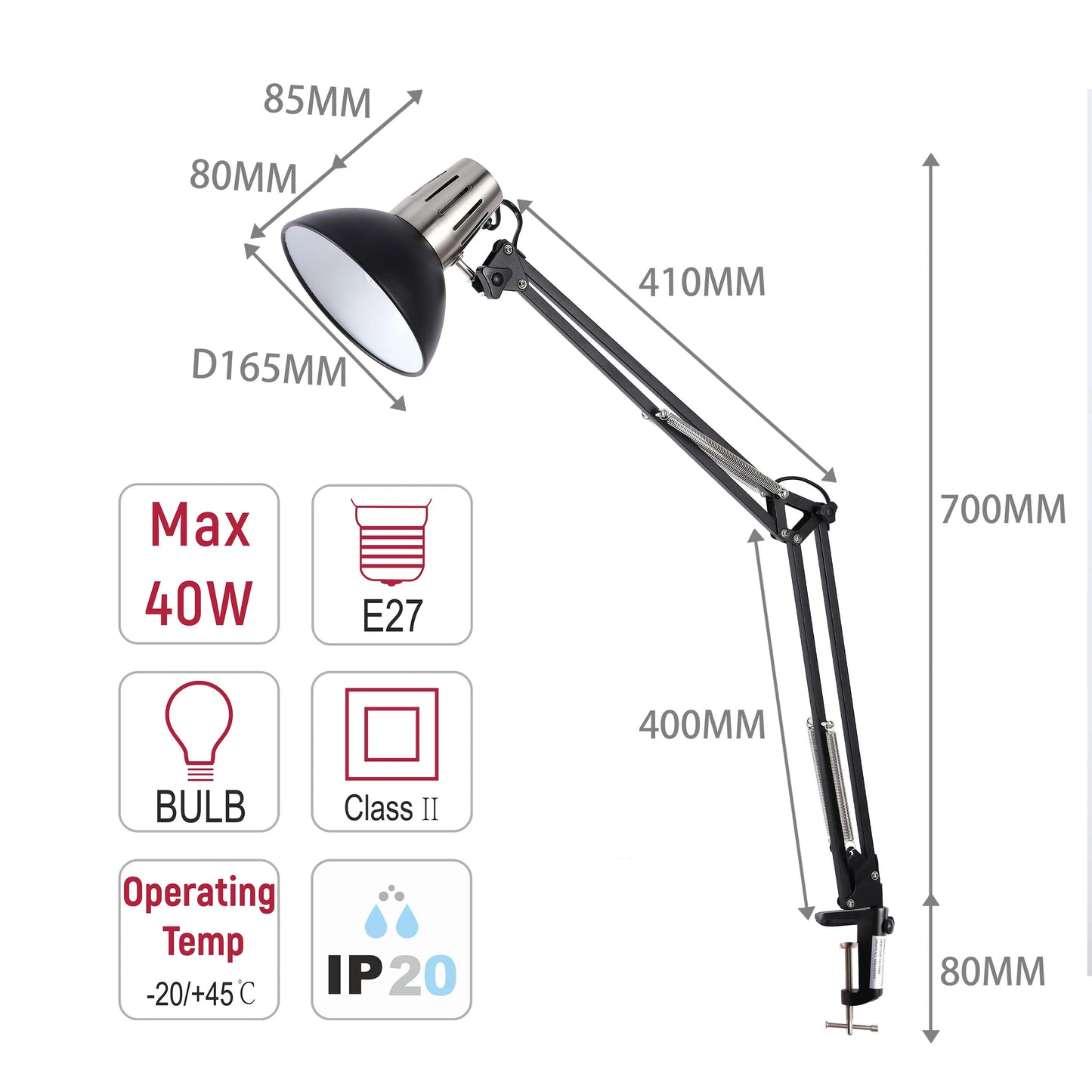 An adjustable desk lamp with a black shade and silver arm is shown against a white background with measurements labelled.