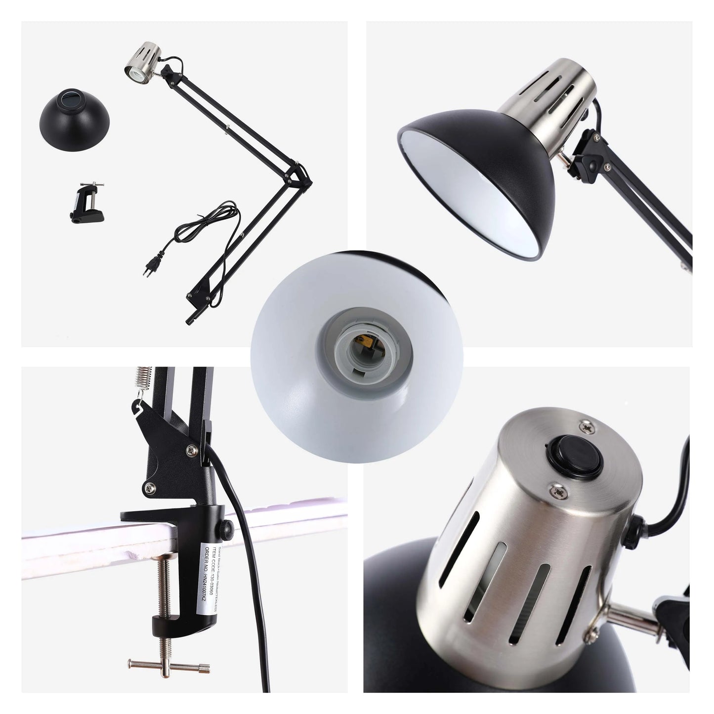 A black and brushed steel architect lamp with a clamp base and articulated arm, shown in multiple views.
