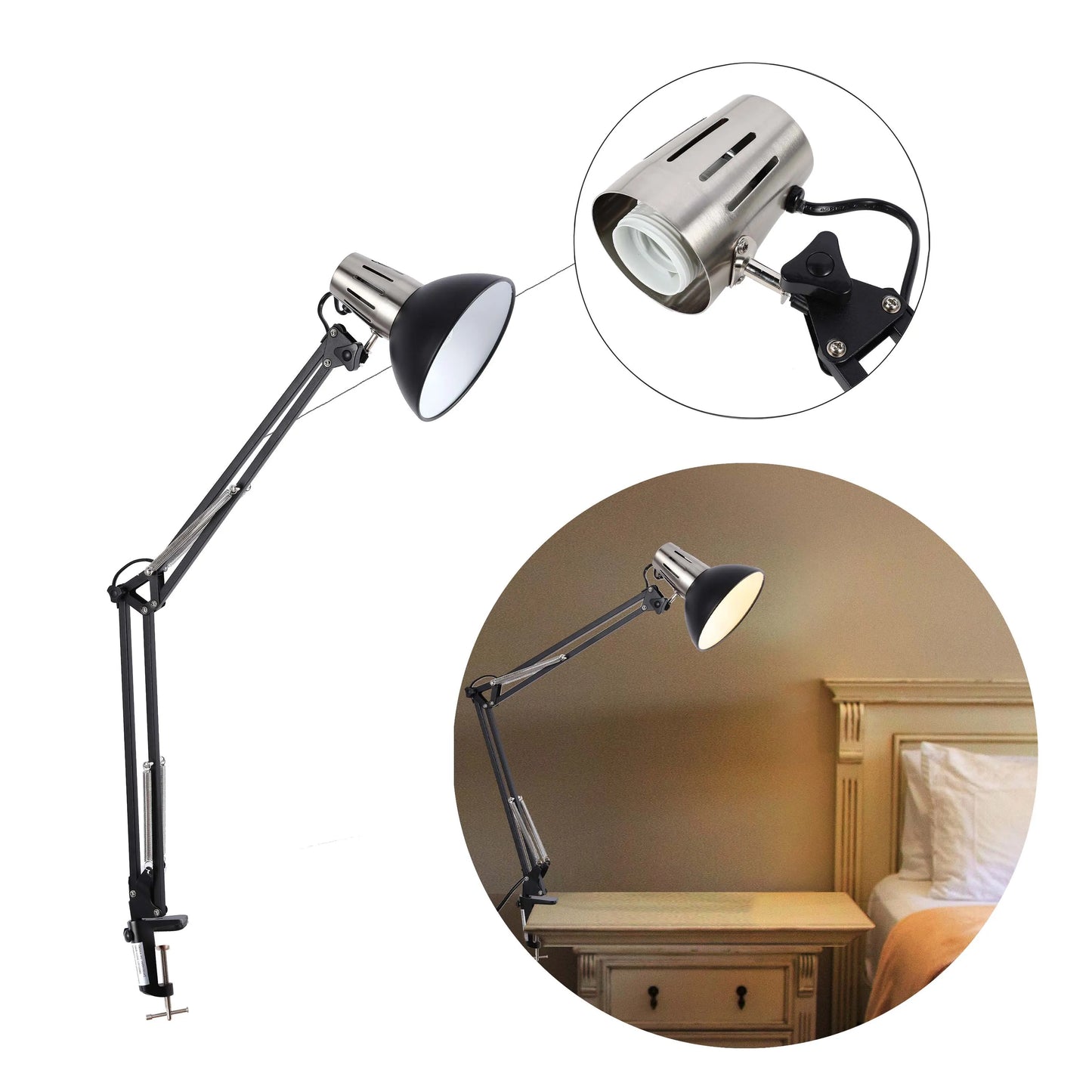 A black and silver adjustable desk lamp is shown, with a close-up of the bulb fixture.