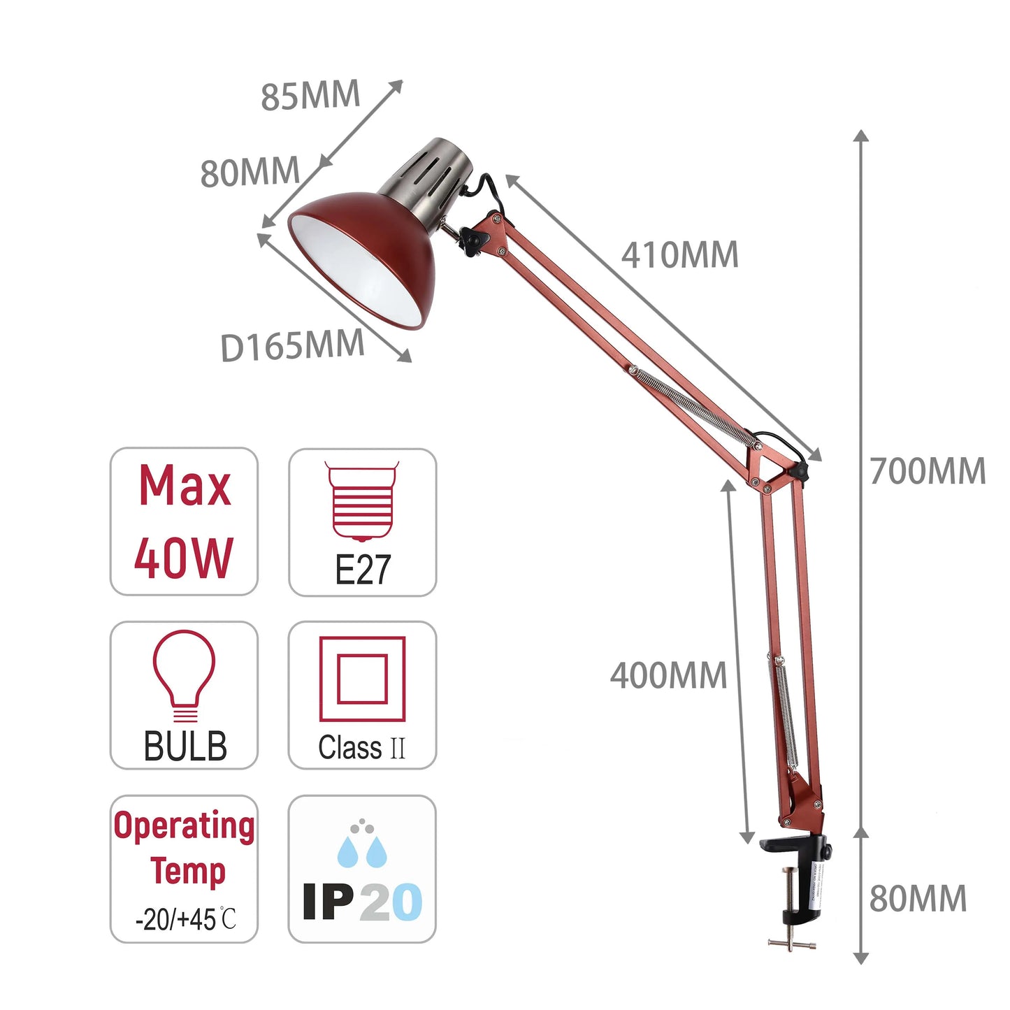Anglepoise lamp diagram with dimensions. Indicates max 40W bulb, E27 fitting, IP20 rating and operating temp of -20/+45°C.