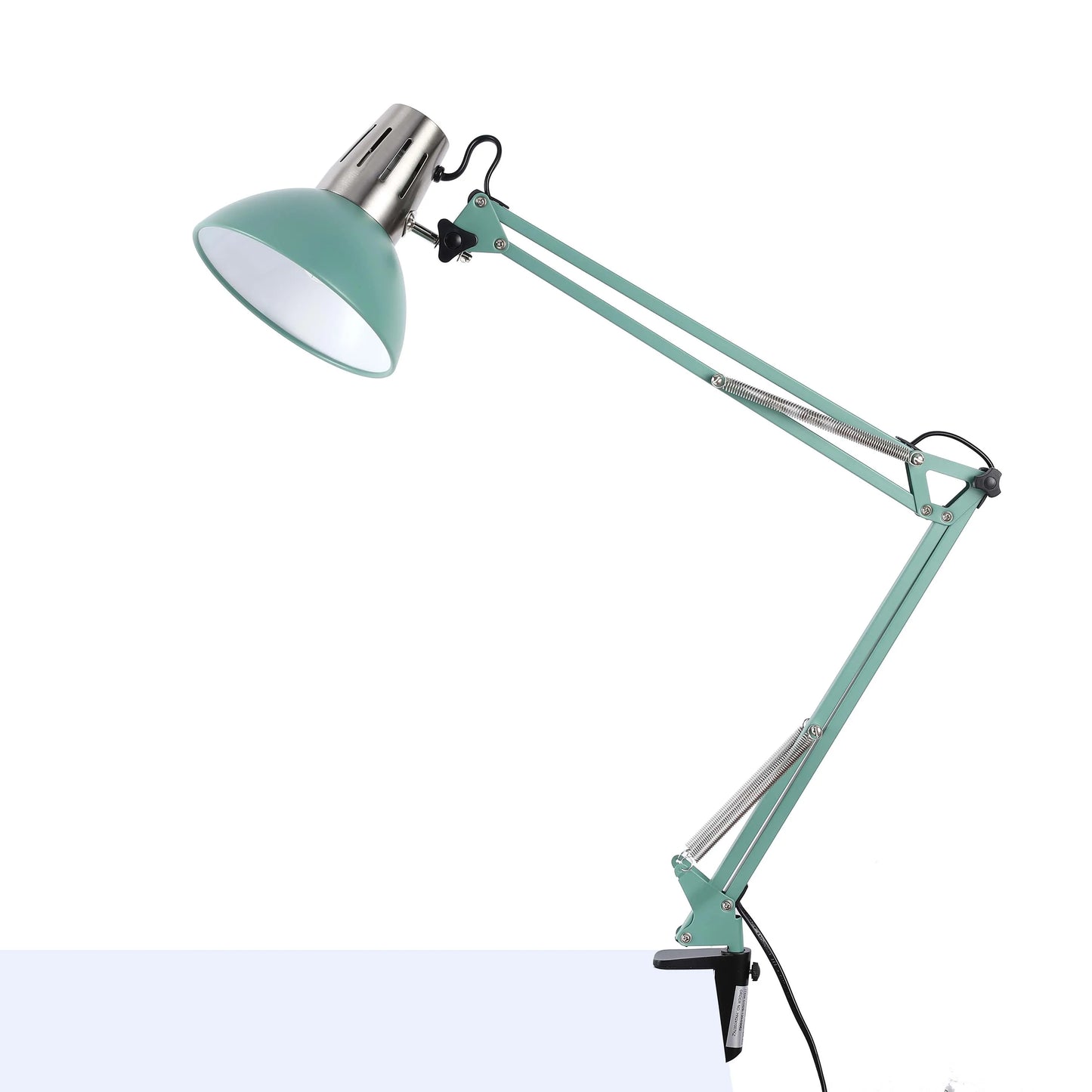 An adjustable, mint green desk lamp with silver-coloured heat vents.