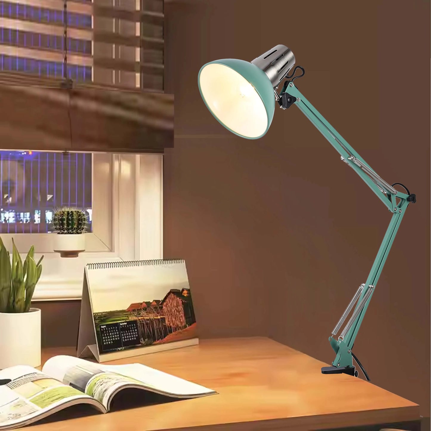 A stylish turquoise desk lamp illuminates a workspace, adding a touch of modern flair to the room's warm, inviting ambience.
