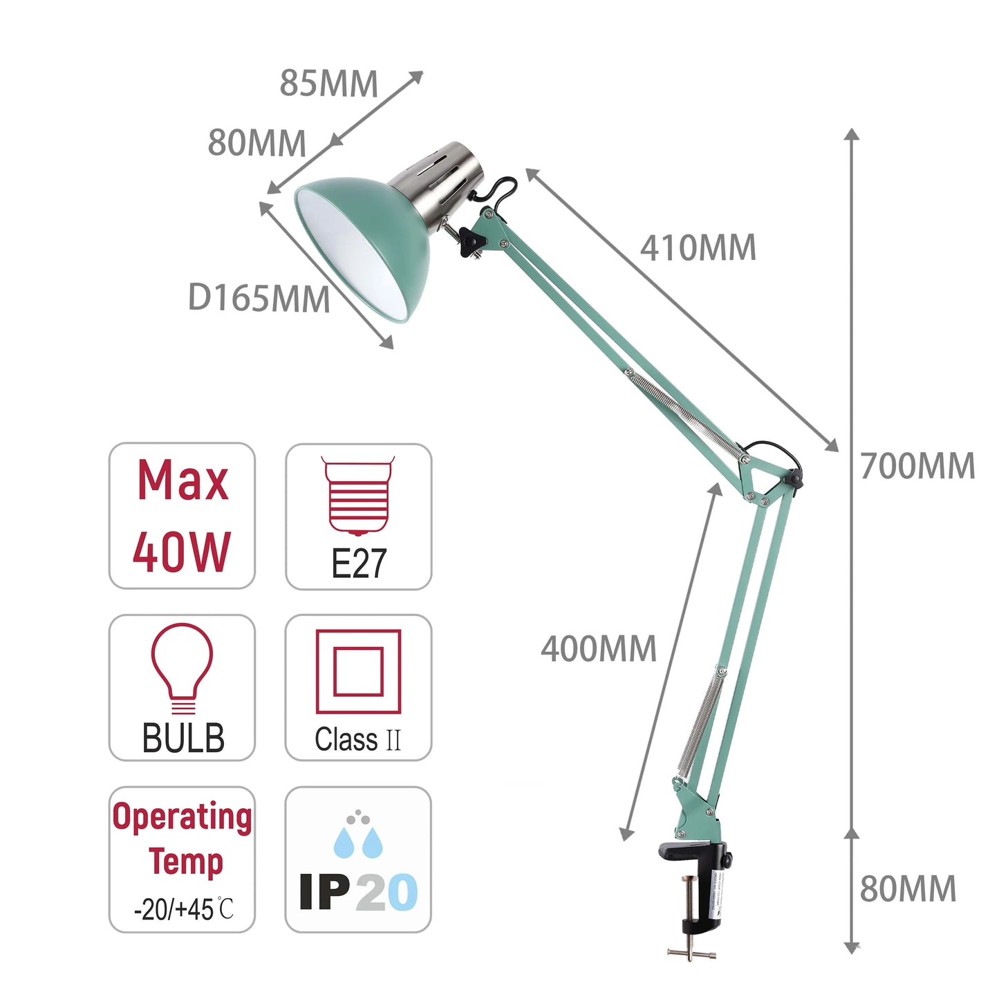 Green desk lamp, dimensions marked. Max 40W, E27 bulb. Class II rated, IP20. Operating temp -20/+45C.