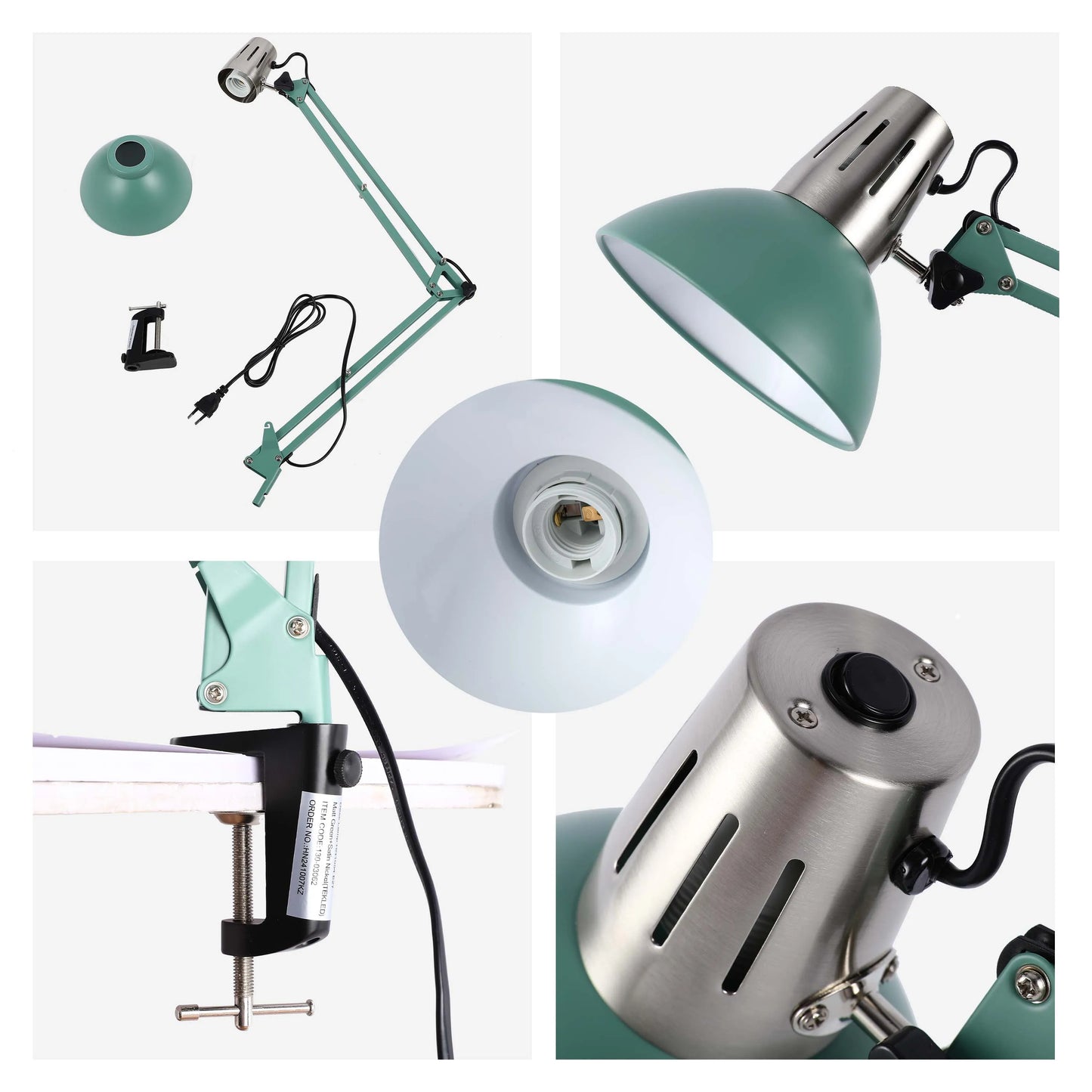 Anglepoise lamp in sage green, displayed in various configurations. Includes a base clamp and an E27 lamp holder.