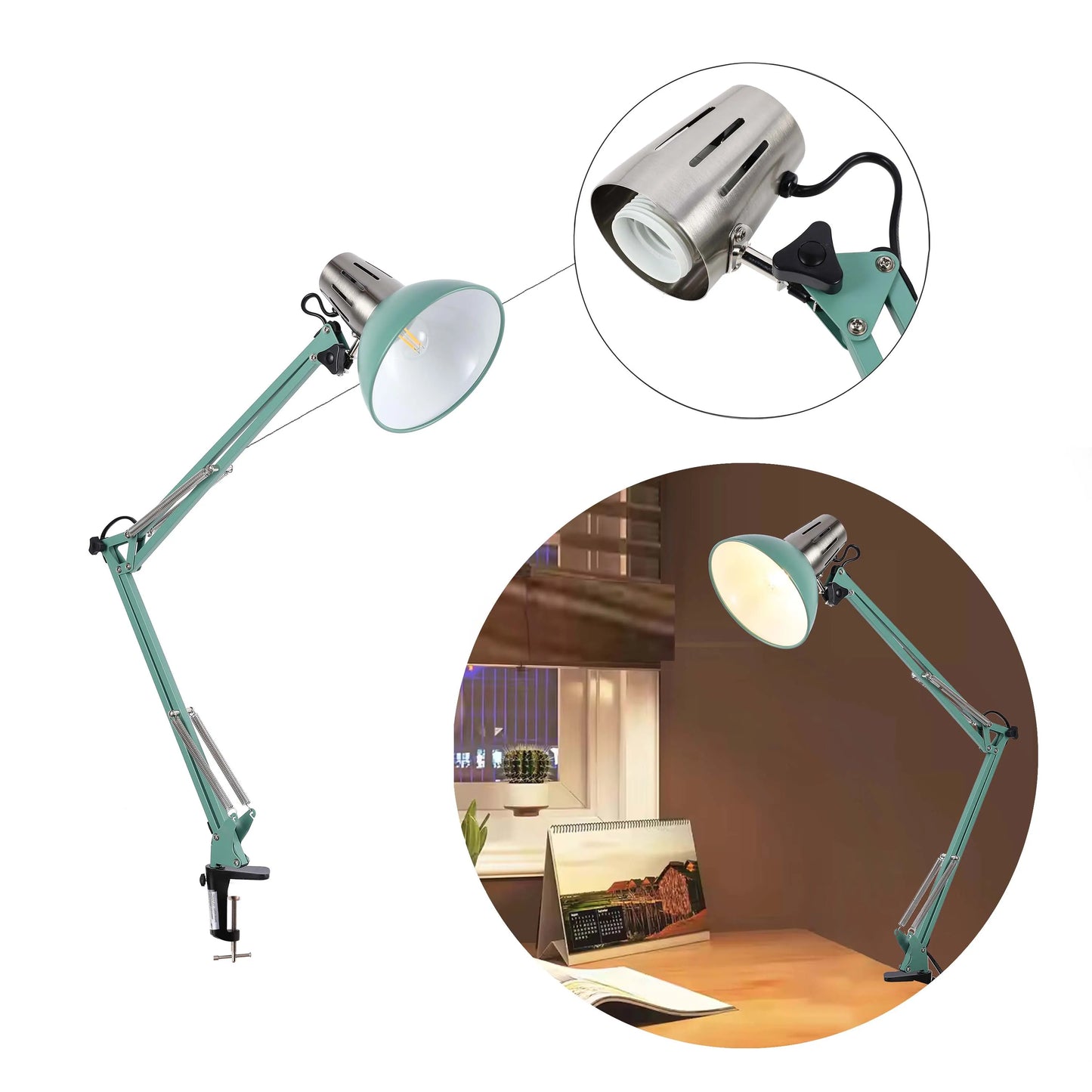 Adjustable green desk lamp with a bright bulb, casting a warm light on a desk. Close-up shows lamp head and bulb socket details.
