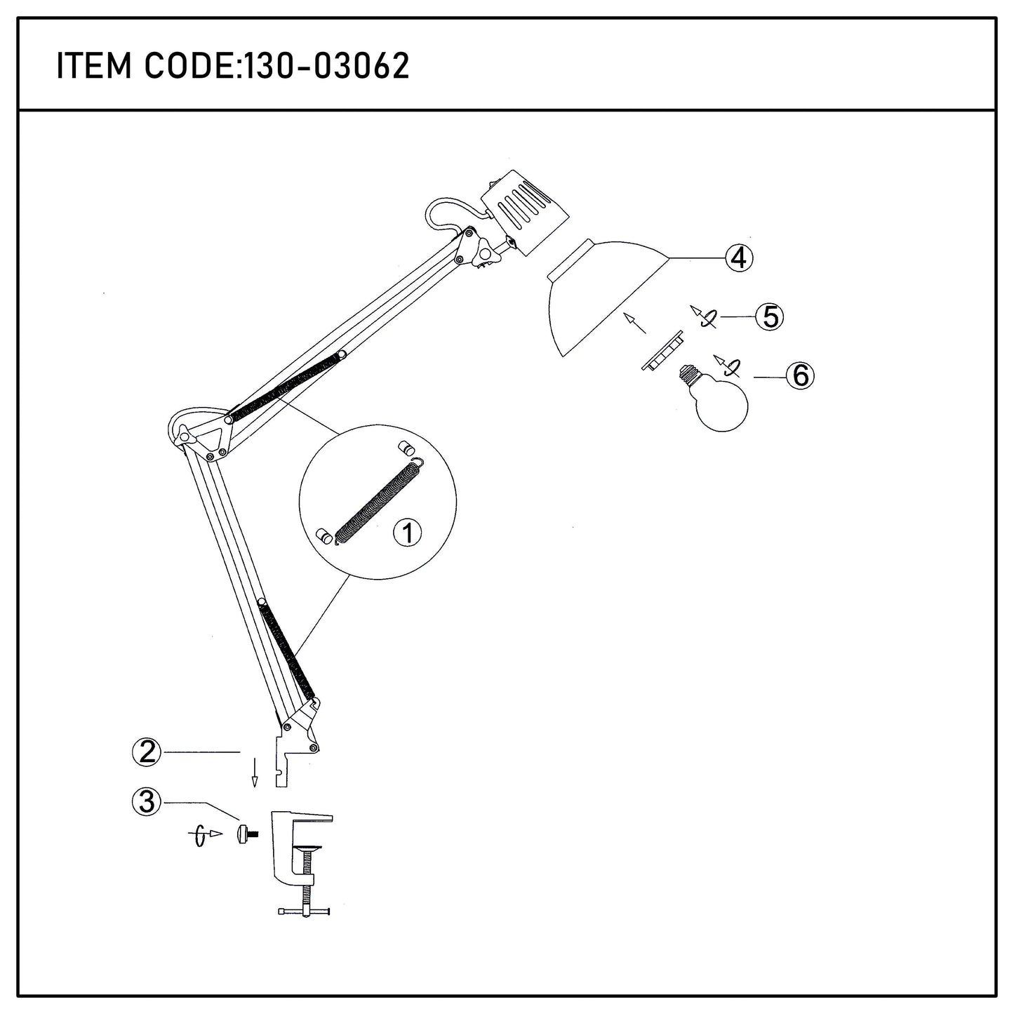 Exploded diagram of an articulated desk lamp with adjustable arm, shade, and bulb. Item code: 130-03062.