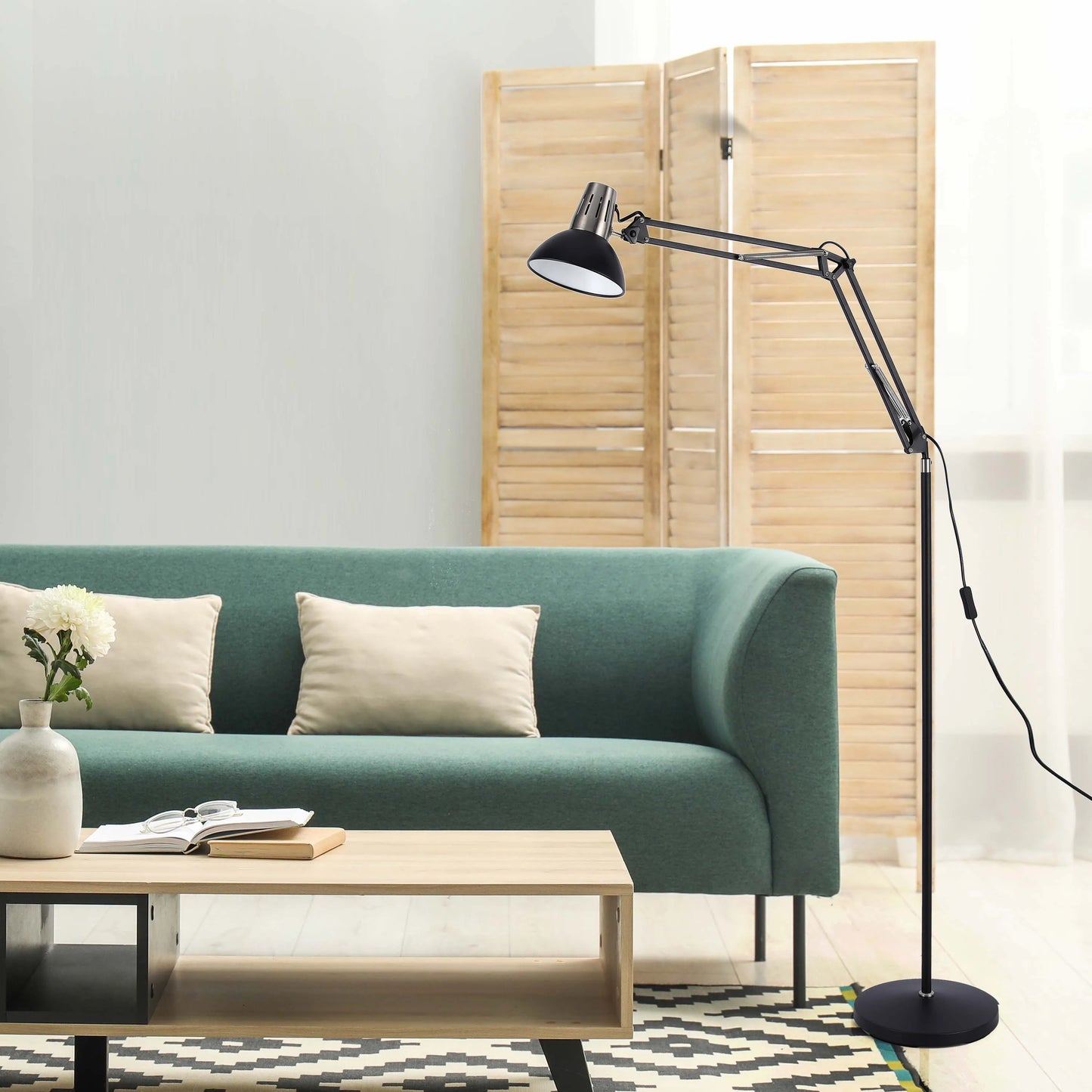 Adjustable Floor Lamp with Extendable Arm & Steel Shade - E27 Fitting, Dimmable