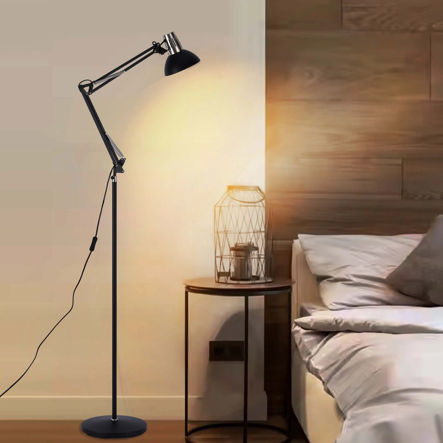 Adjustable Floor Lamp with Extendable Arm & Steel Shade - E27 Fitting, Dimmable