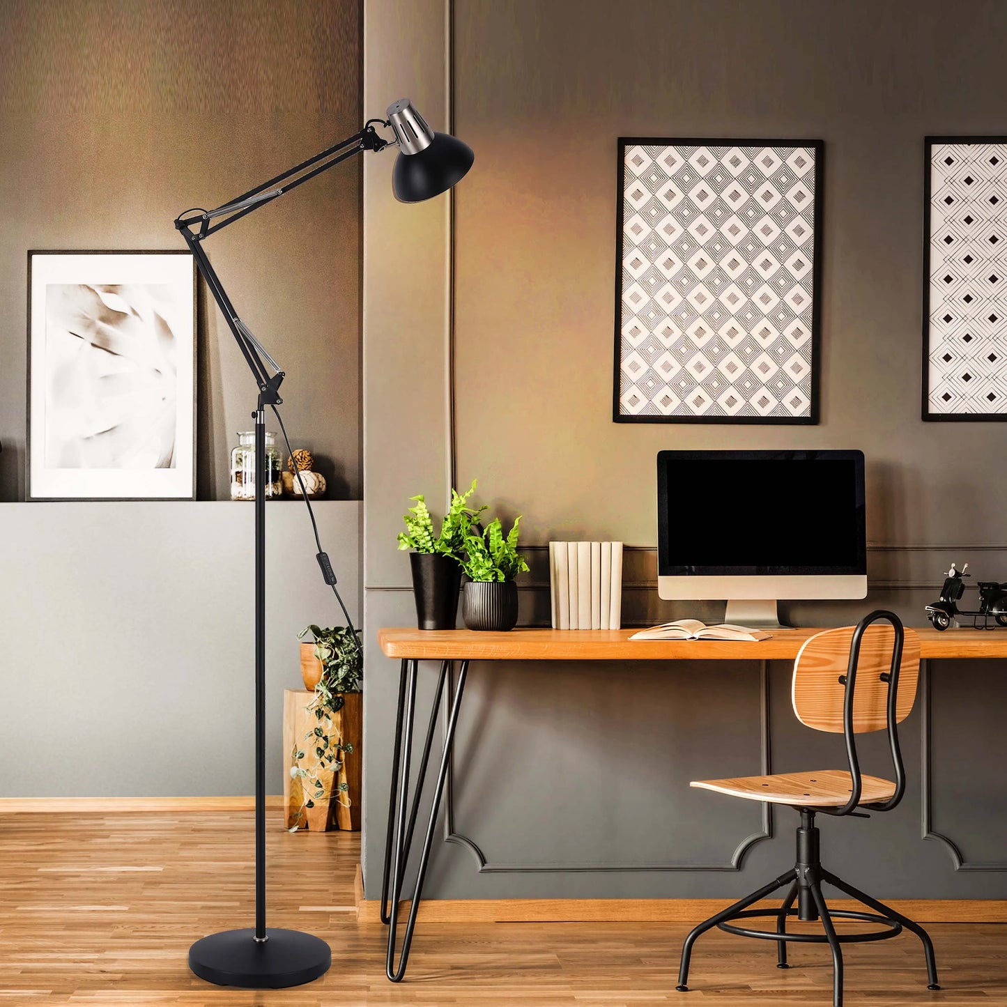 Adjustable Floor Lamp with Extendable Arm & Steel Shade - E27 Fitting, Dimmable