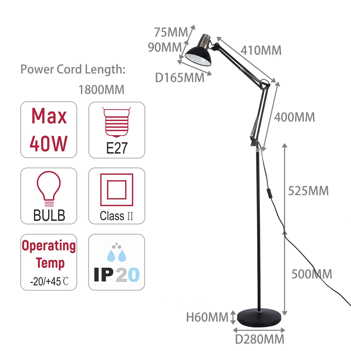 Adjustable Floor Lamp with Extendable Arm & Steel Shade - E27 Fitting, Dimmable