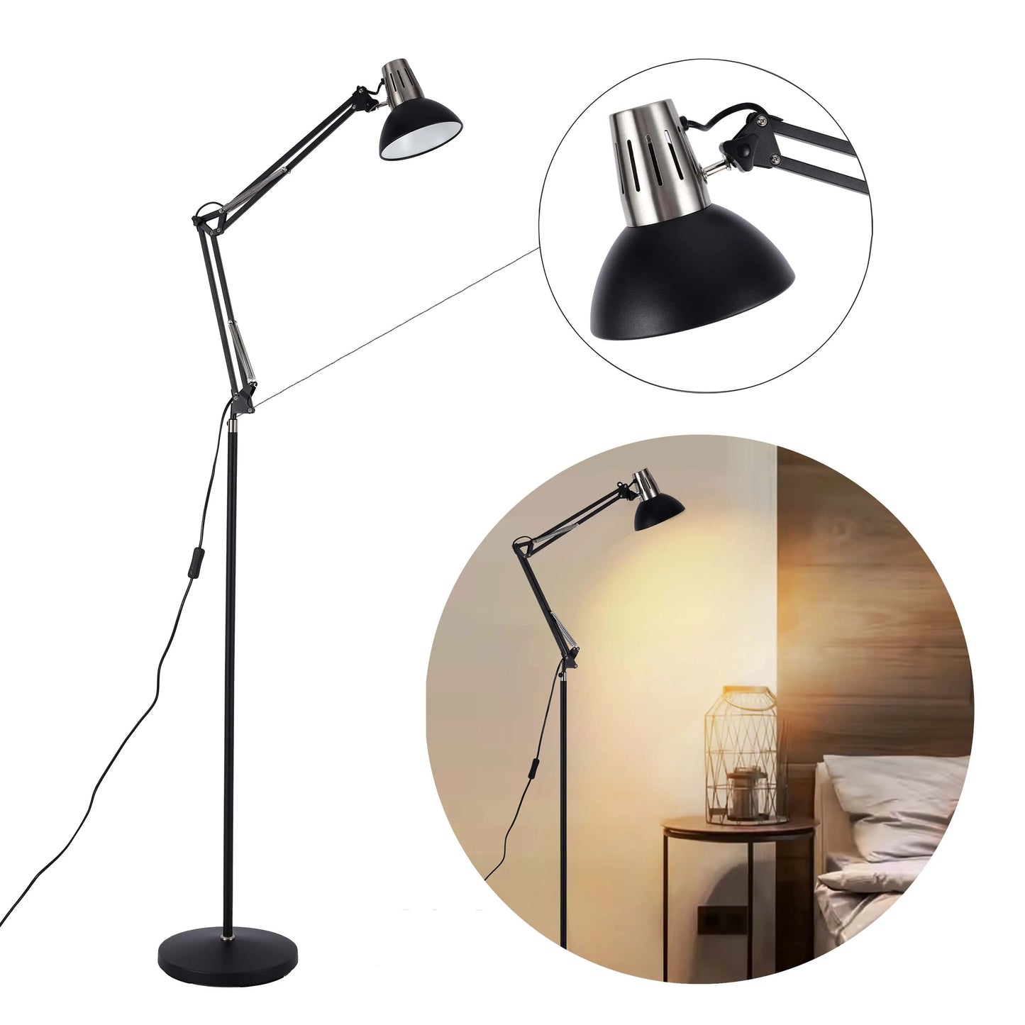 Adjustable Floor Lamp with Extendable Arm & Steel Shade - E27 Fitting, Dimmable
