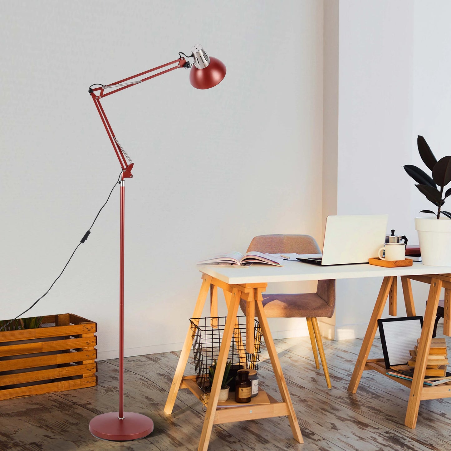 Adjustable Floor Lamp with Extendable Arm & Steel Shade - E27 Fitting, Dimmable