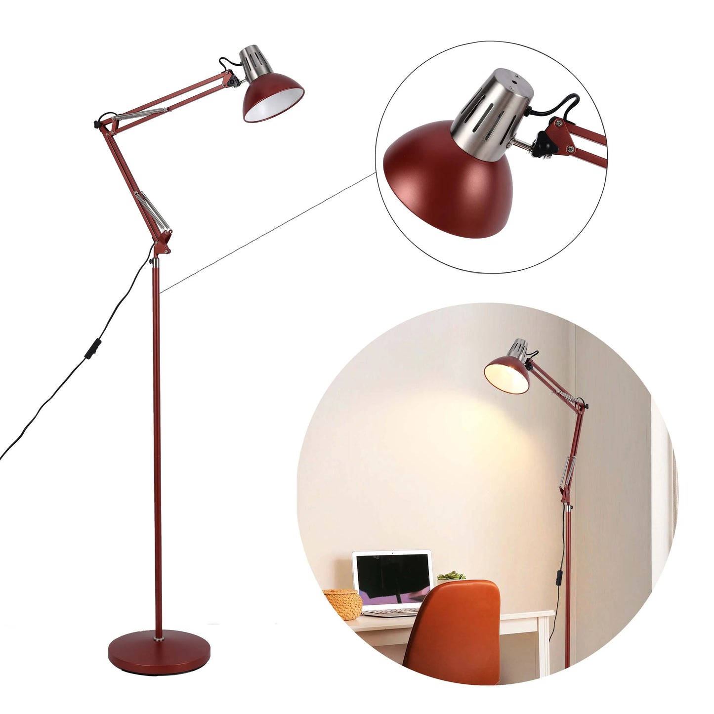 Adjustable Floor Lamp with Extendable Arm & Steel Shade - E27 Fitting, Dimmable
