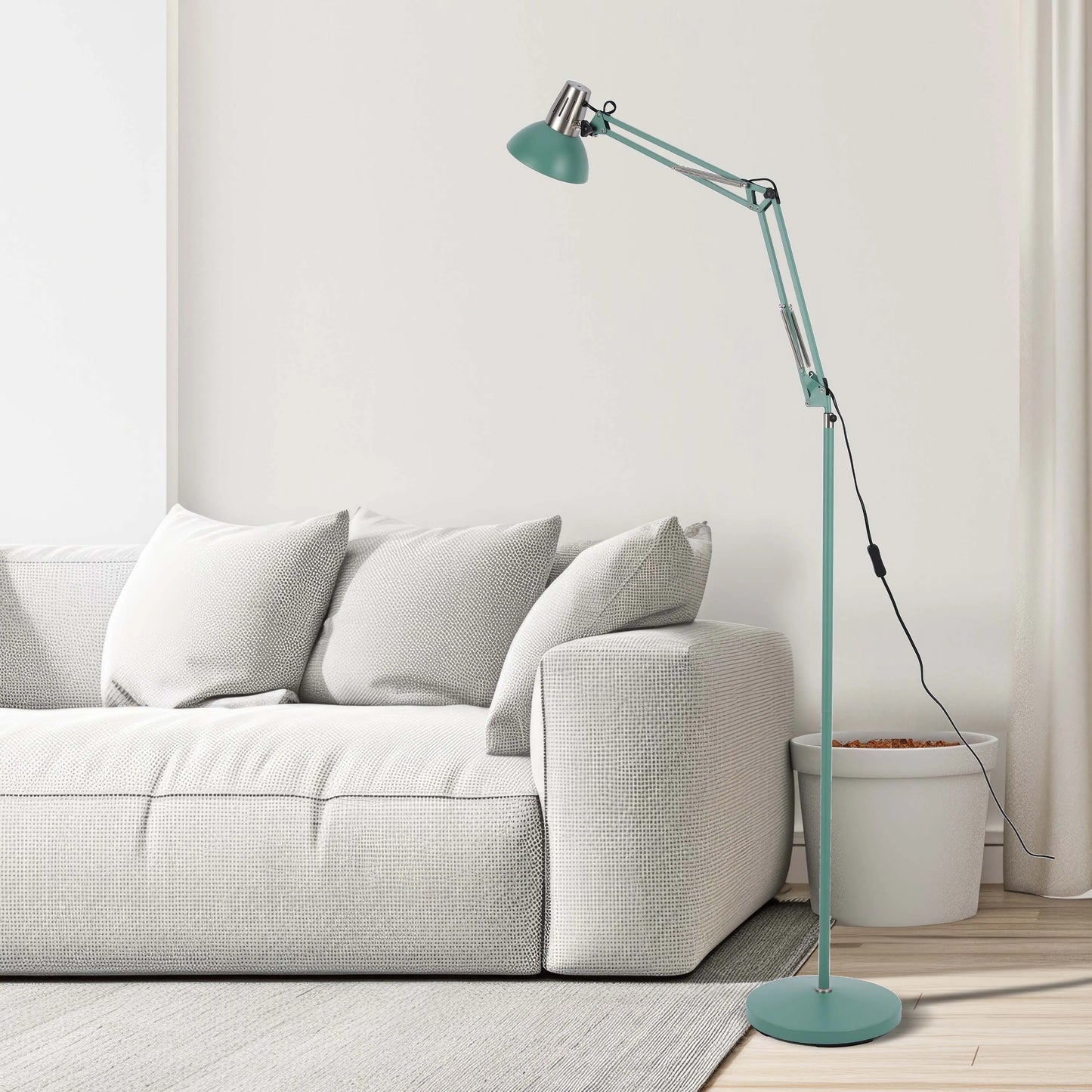 Adjustable Floor Lamp with Extendable Arm & Steel Shade - E27 Fitting, Dimmable