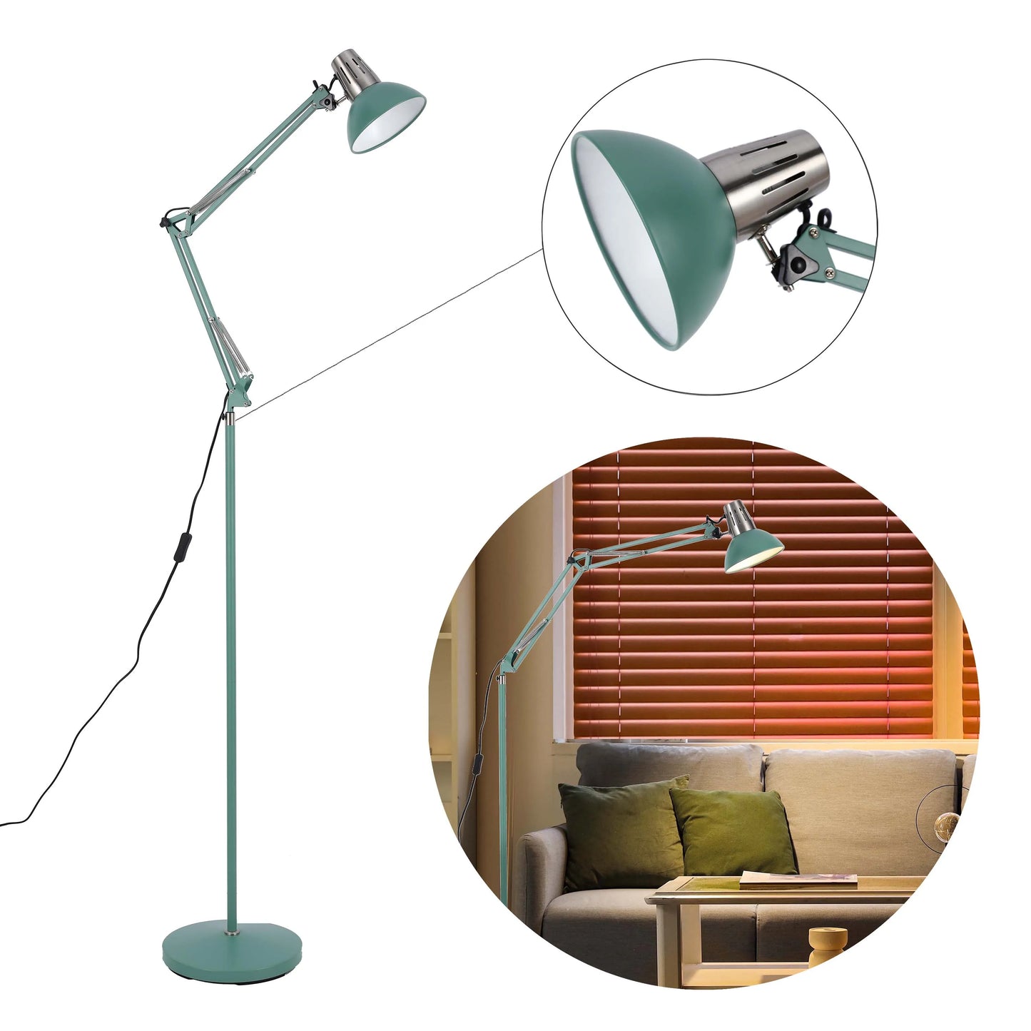Adjustable Floor Lamp with Extendable Arm & Steel Shade - E27 Fitting, Dimmable