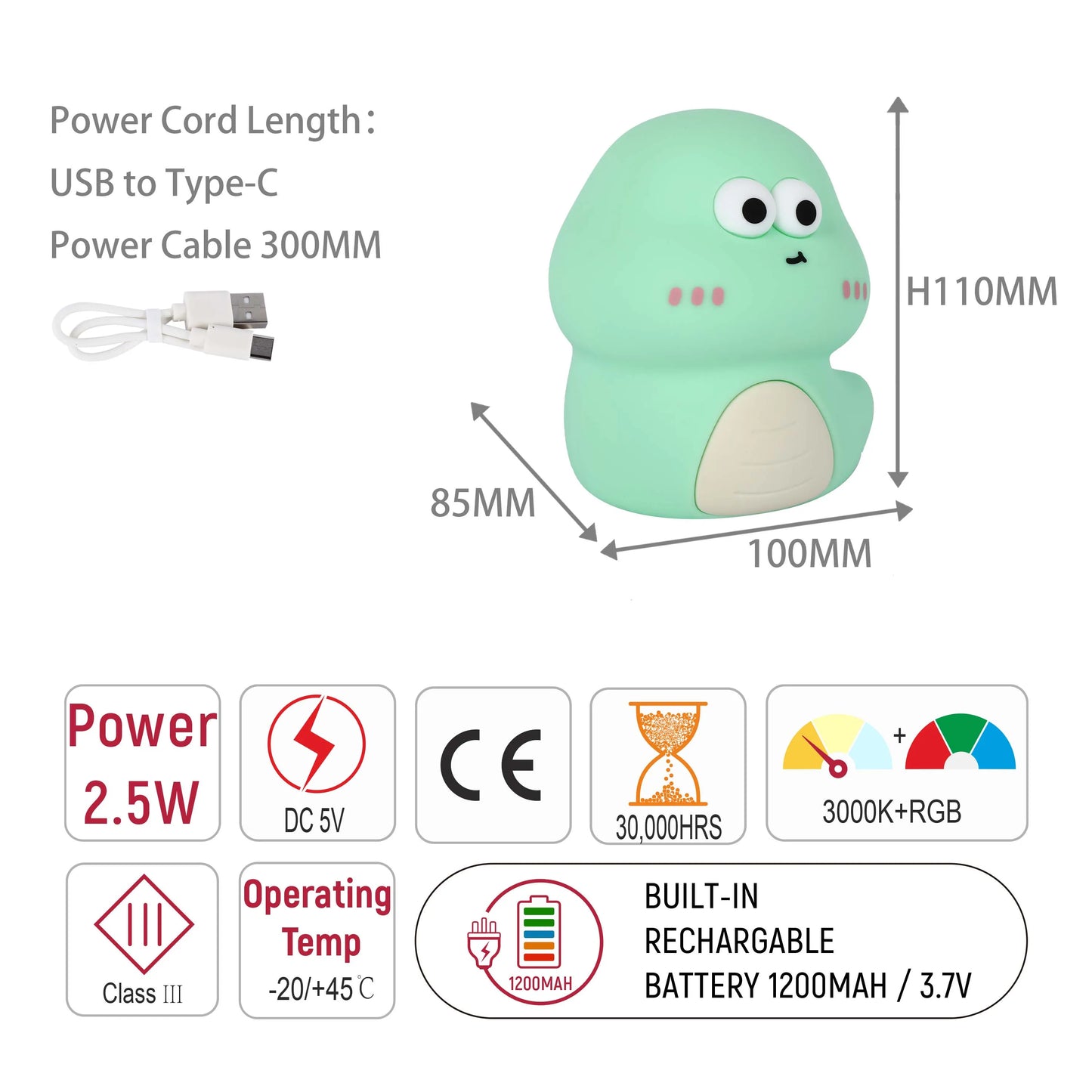 Dinosaur-shaped LED night light with RGB and 3000K colour temperature, USB Type-C power cable and 1200mAh rechargeable battery.