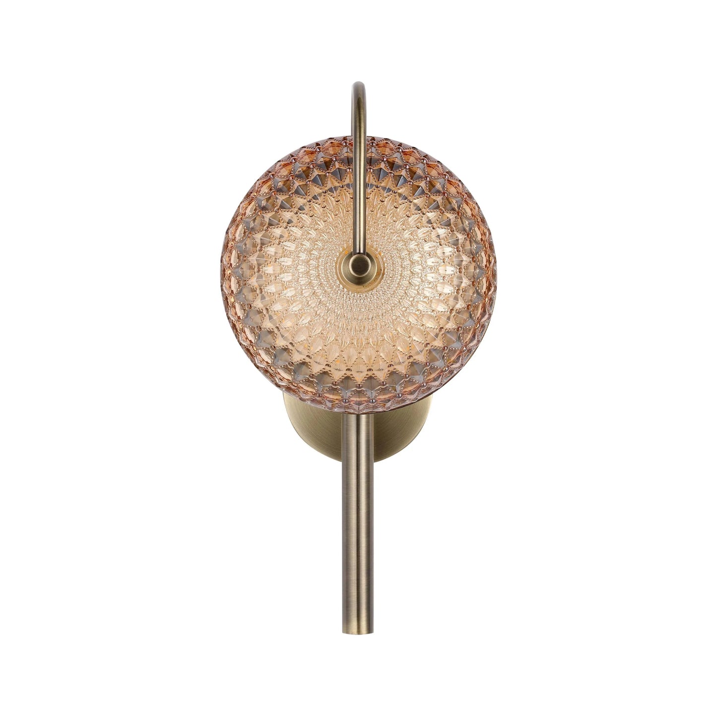 A decorative wall light with a patterned glass globe shade and brushed brass finish.