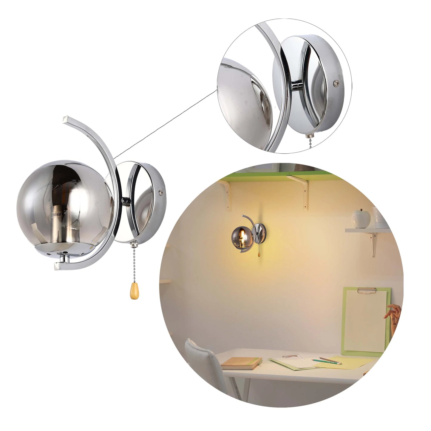 Globe Glass Gold Chrome Crescent Metal Modern Wall Light E27