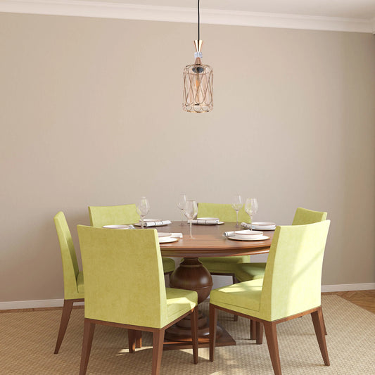Pendant light fixture casts a warm glow over the dining table. The light features a cage-like design and hangs from a black cord.