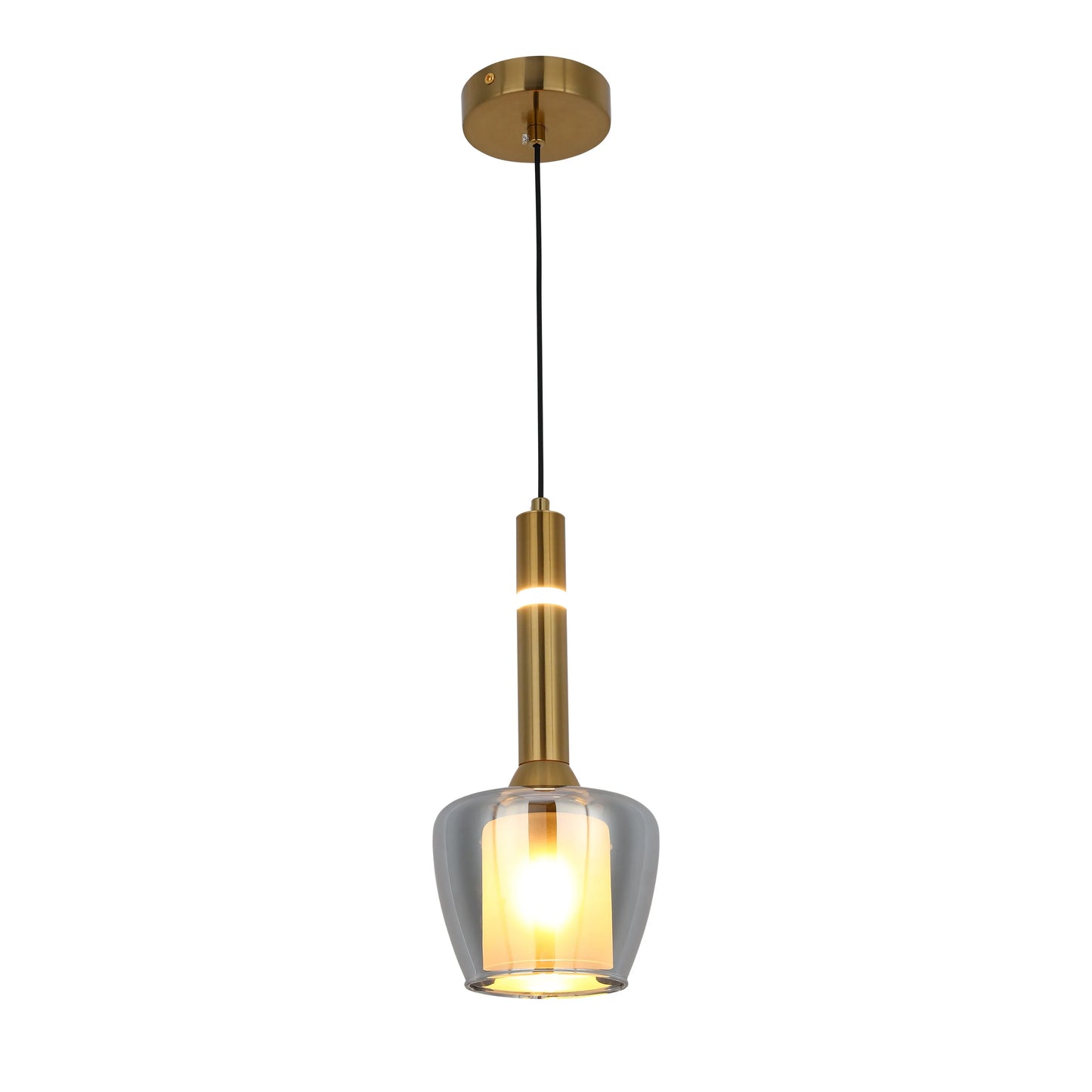 A stylish, modern pendant light with gold and glass accents. Perfect for adding a touch of elegance to any room.