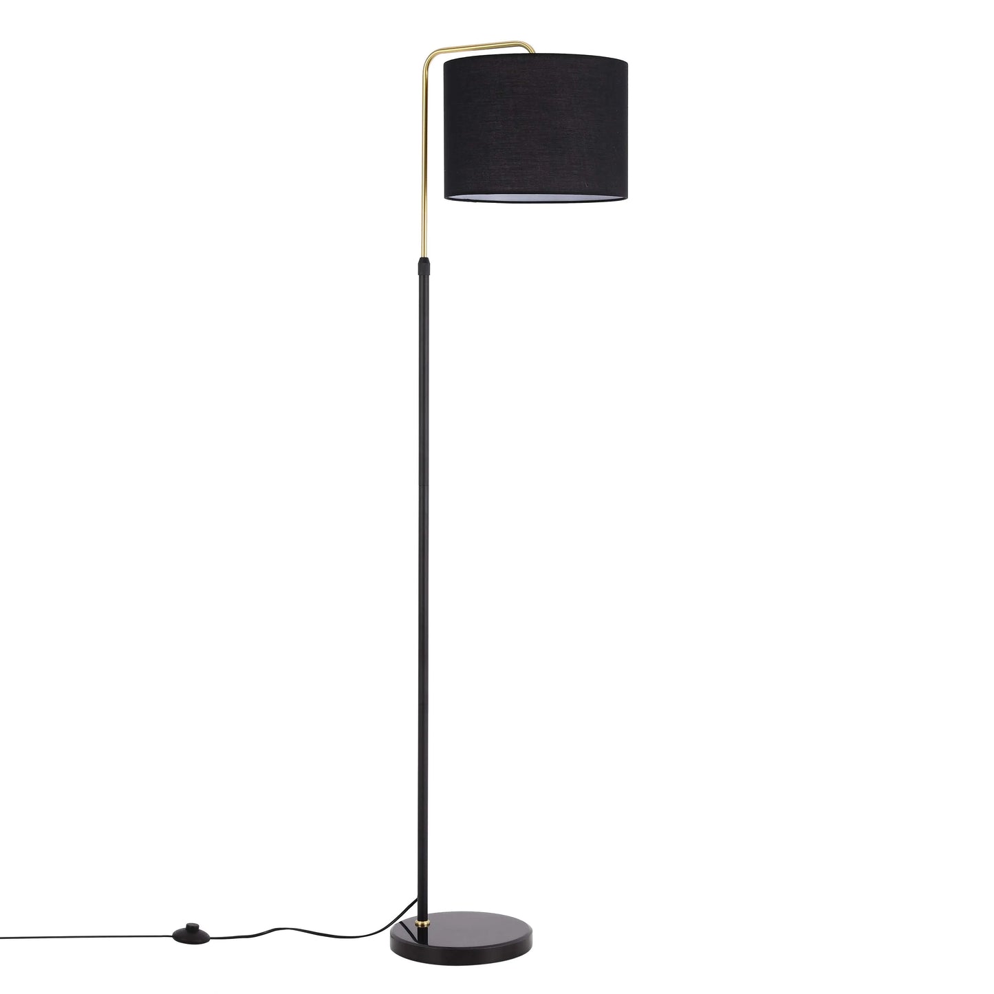 A modern floor lamp with a black shade, sleek black stand and a gold accent for an elegant touch.